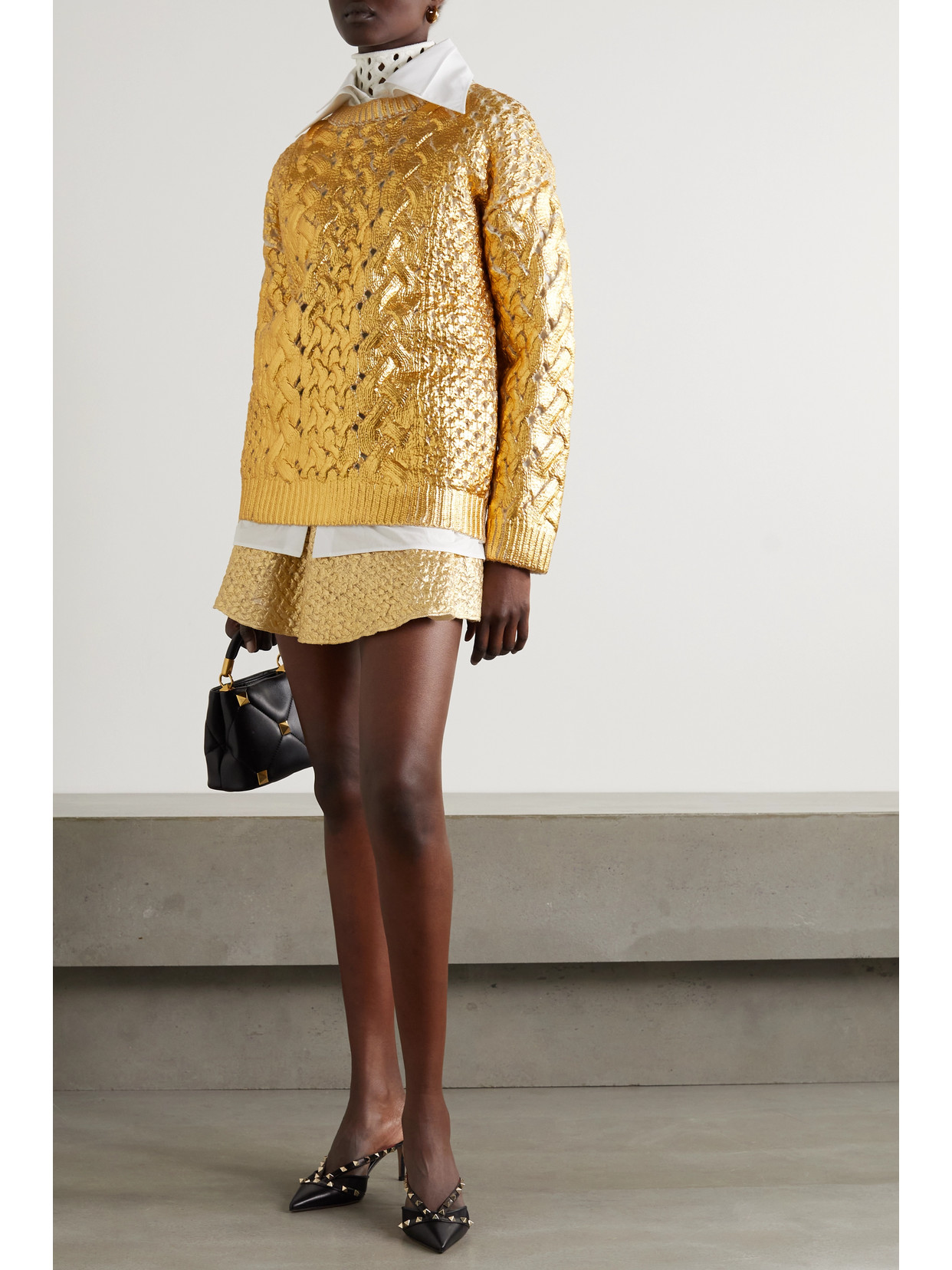 Shop Valentino Metallic Coated Cable-knit Wool Sweater In Gold