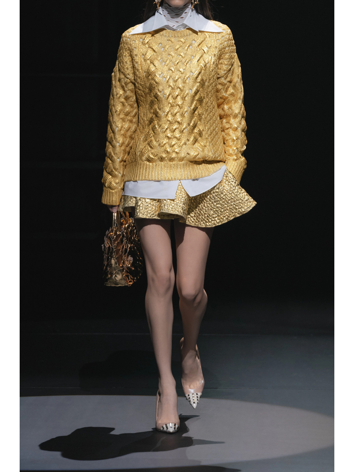 Shop Valentino Metallic Coated Cable-knit Wool Sweater In Gold