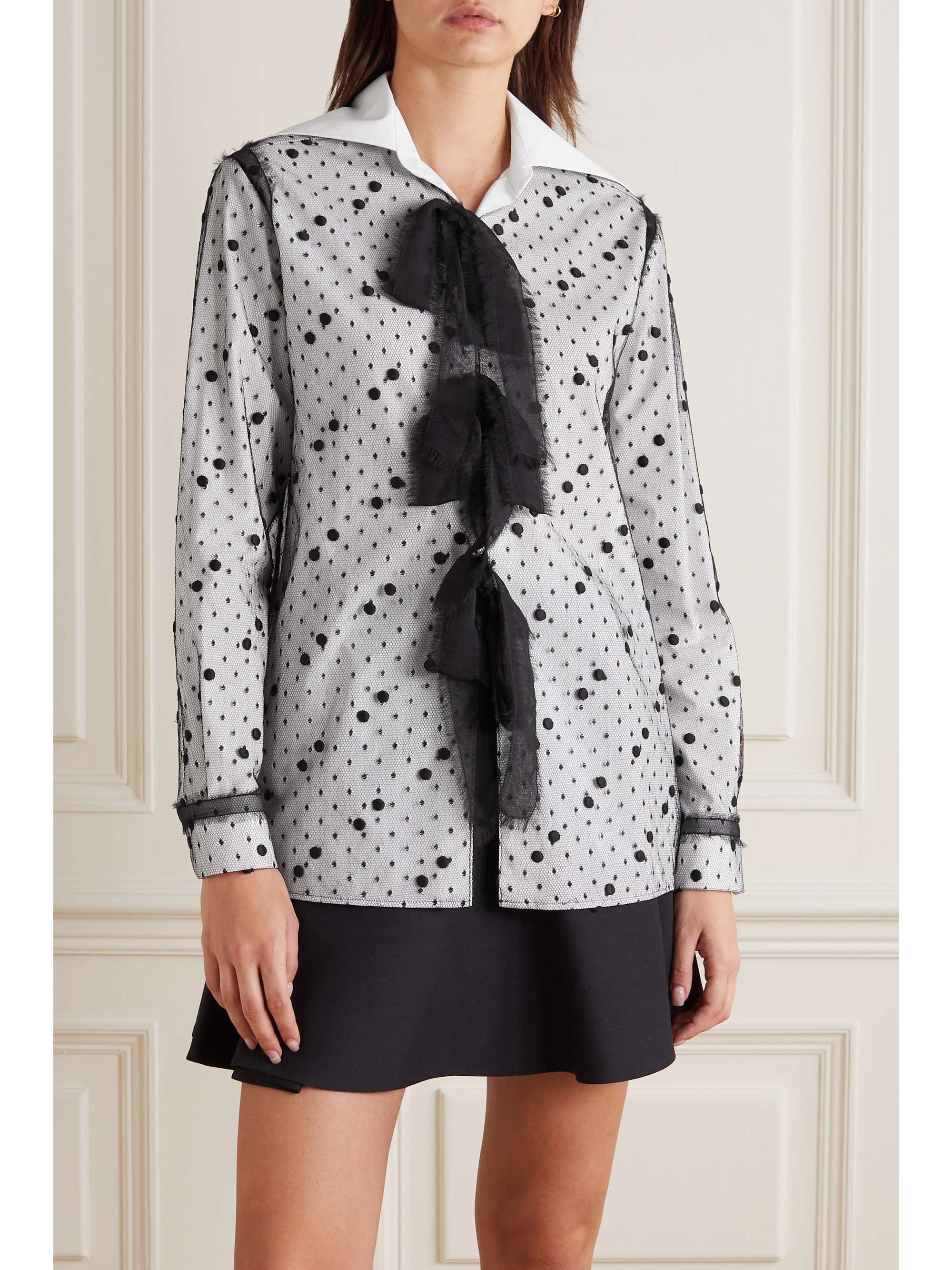 VALENTINO GARAVANI Bow-detailed cotton-poplin and point d’esprit tulle blouse