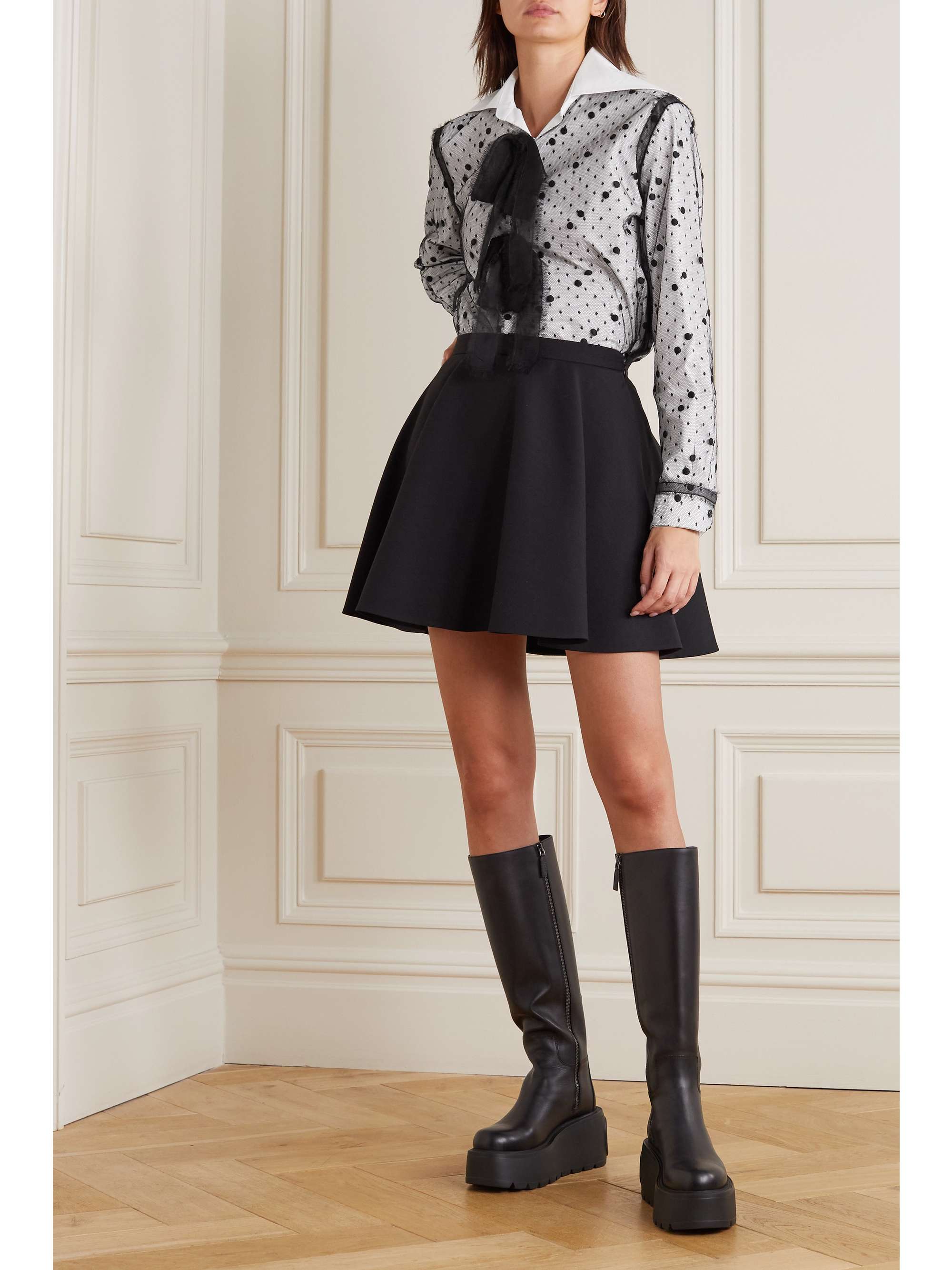 VALENTINO GARAVANI Bow-detailed cotton-poplin and point d’esprit tulle blouse