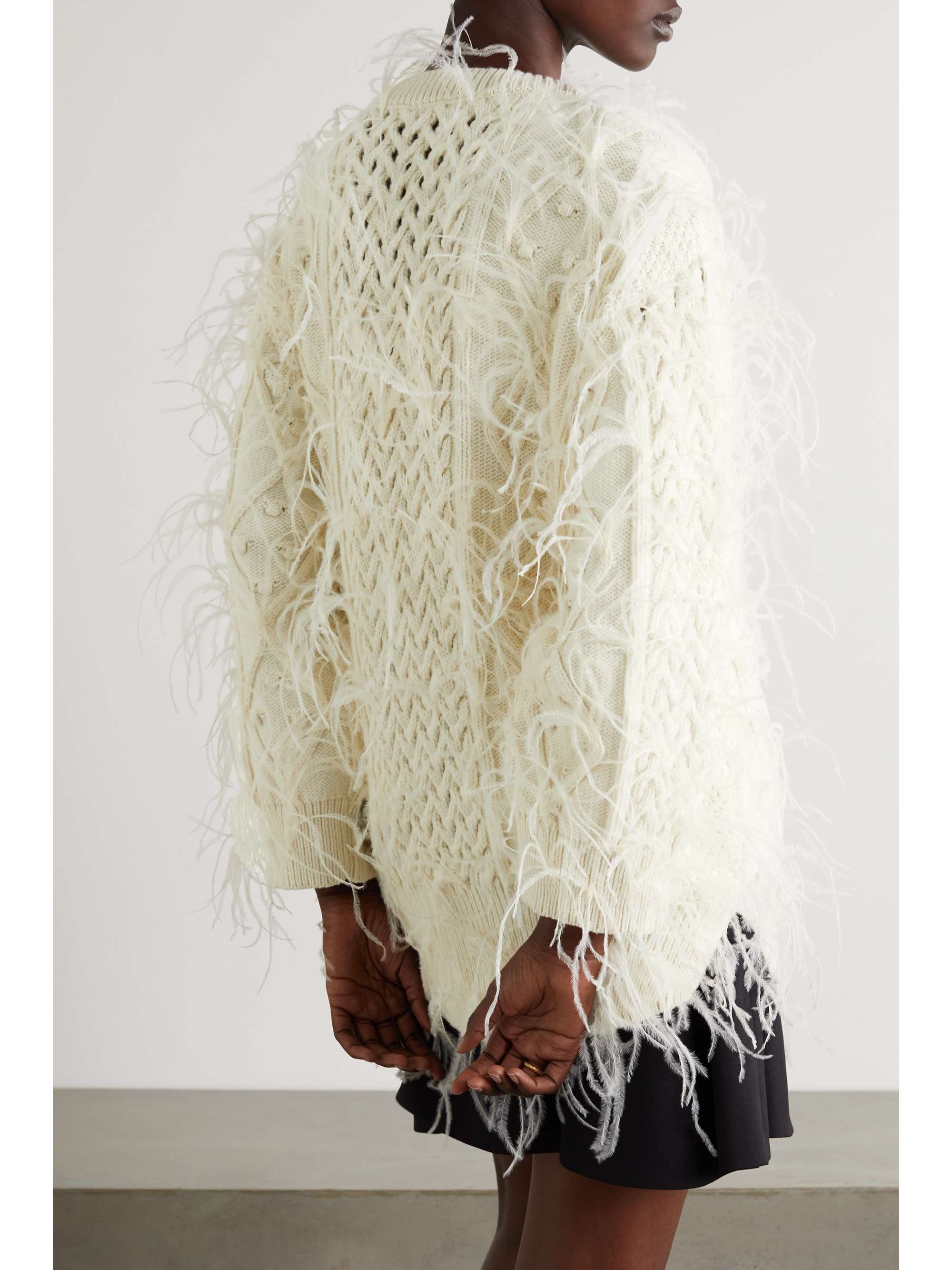 VALENTINO GARAVANI Oversized feather-embellished cable-knit wool sweater