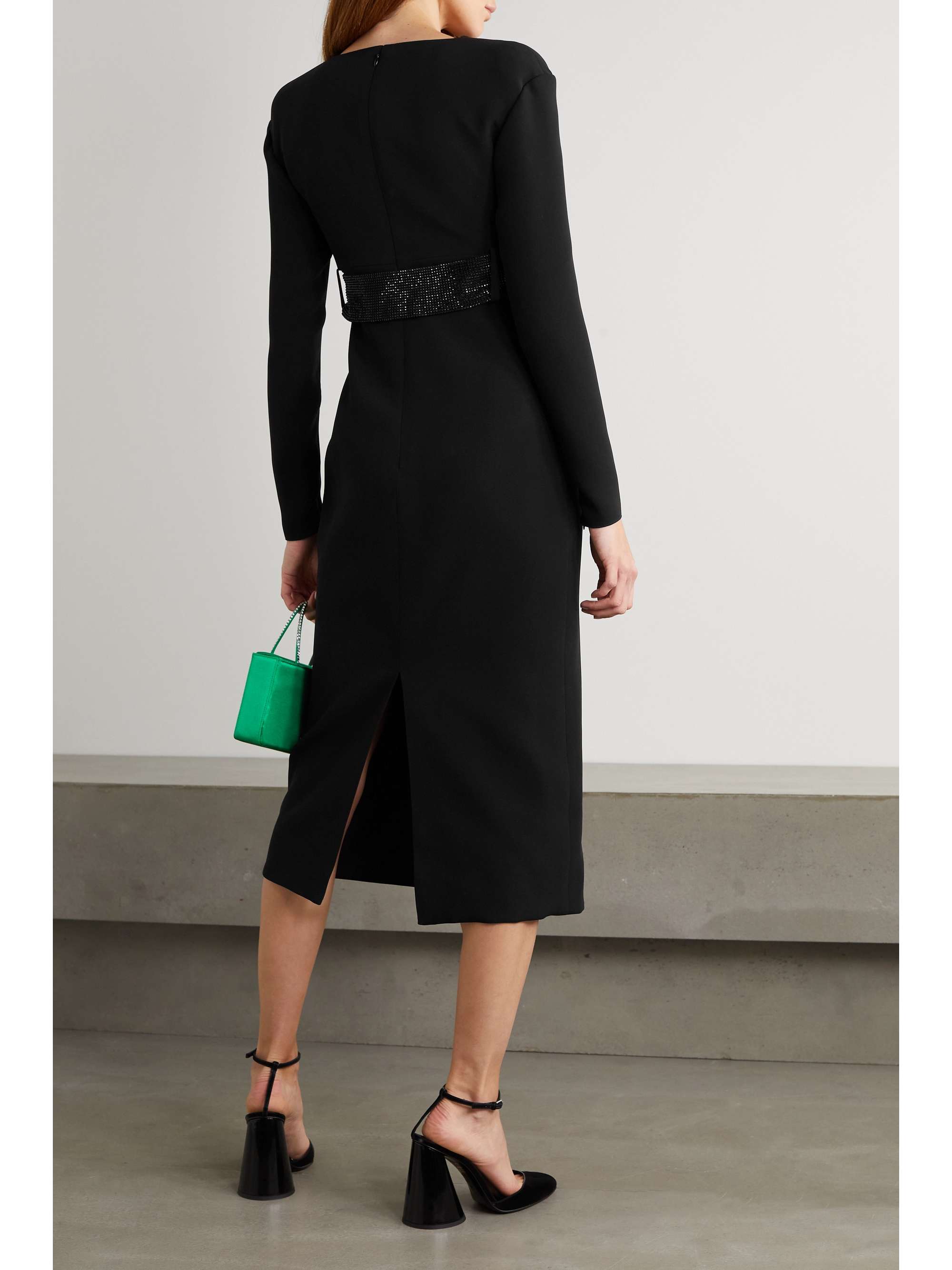 VERSACE Crystal-embellished belted crepe midi dress