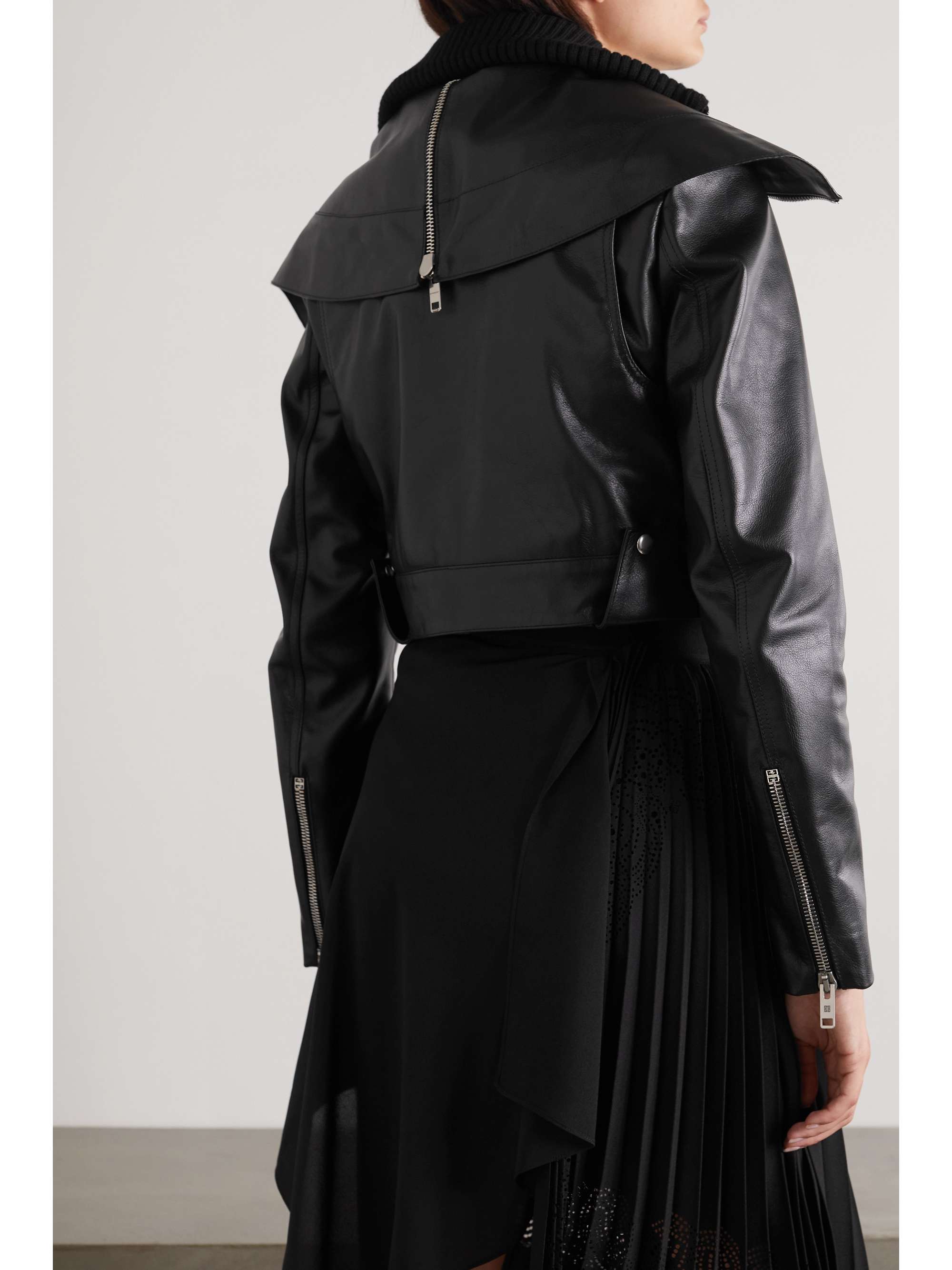 GIVENCHY Cropped leather and ribbed-knit jacket
