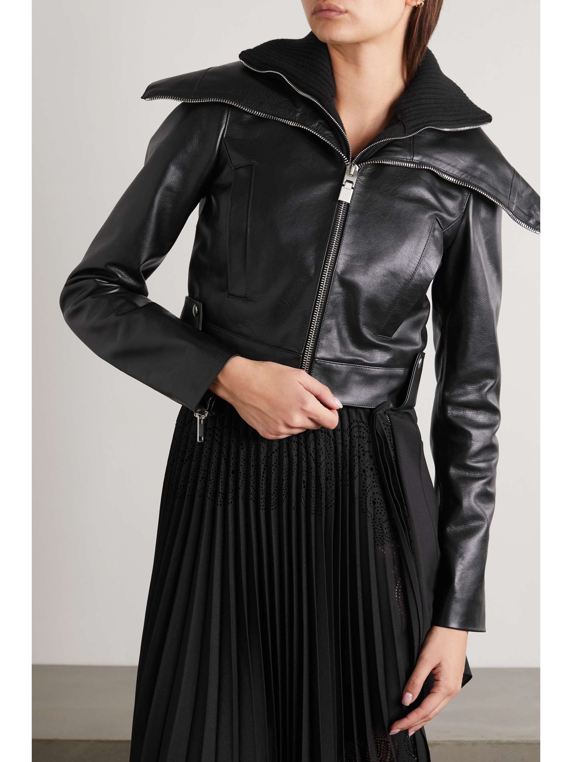 GIVENCHY Cropped leather and ribbed-knit jacket
