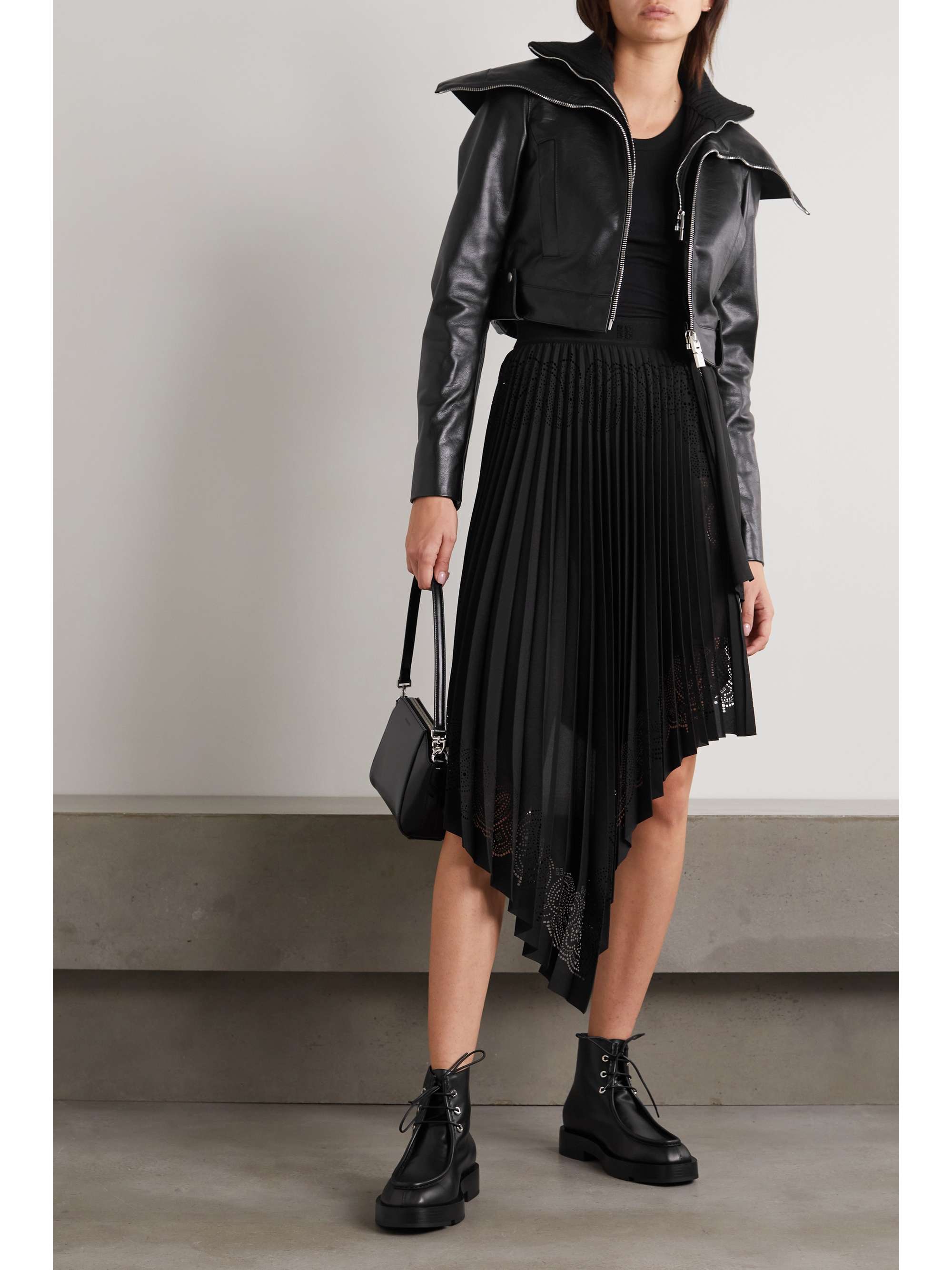 GIVENCHY Cropped leather and ribbed-knit jacket
