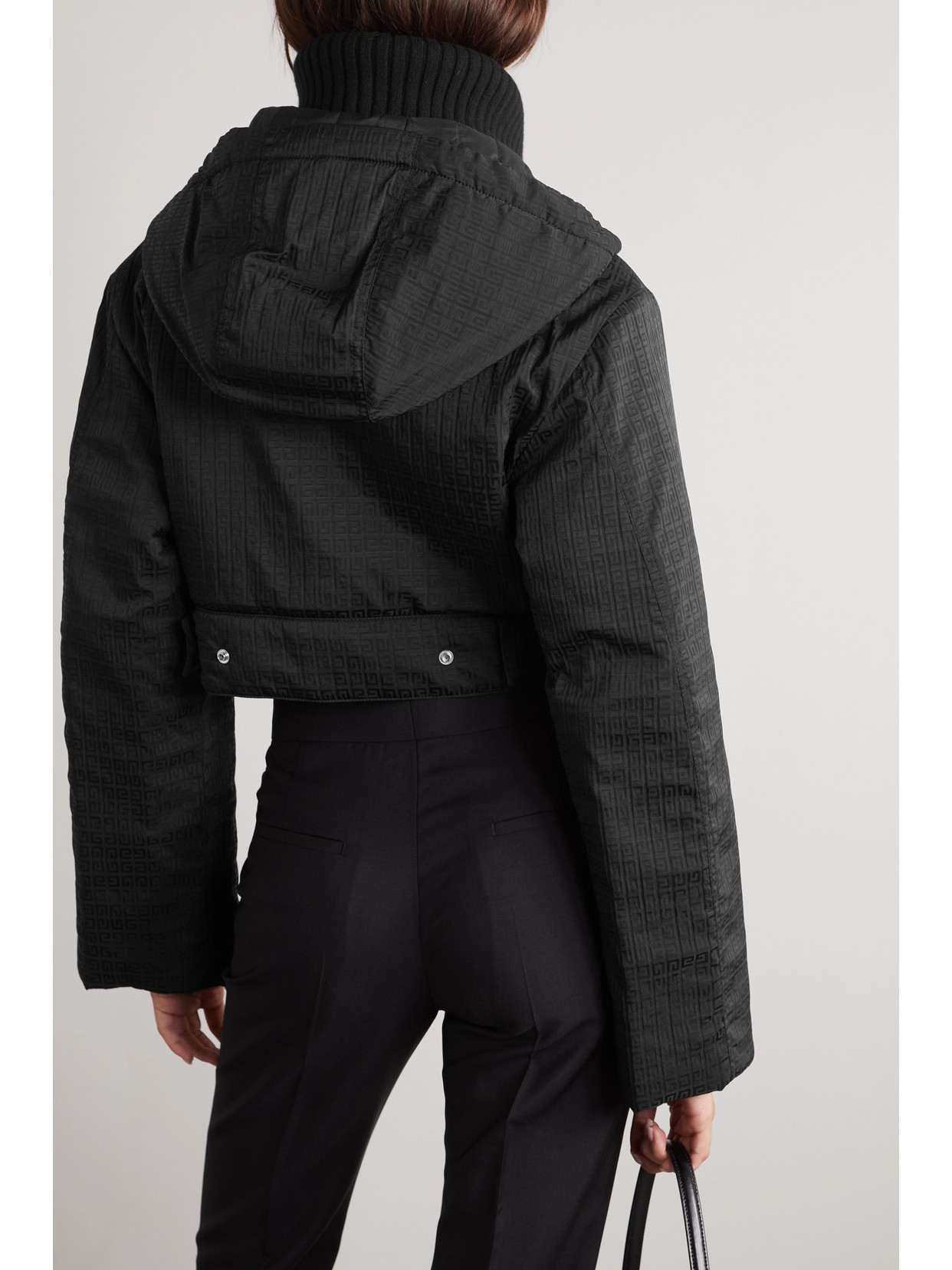 Cropped Padded Wool Blend-Trimmed Shell-Jacquard Hooded Jacket