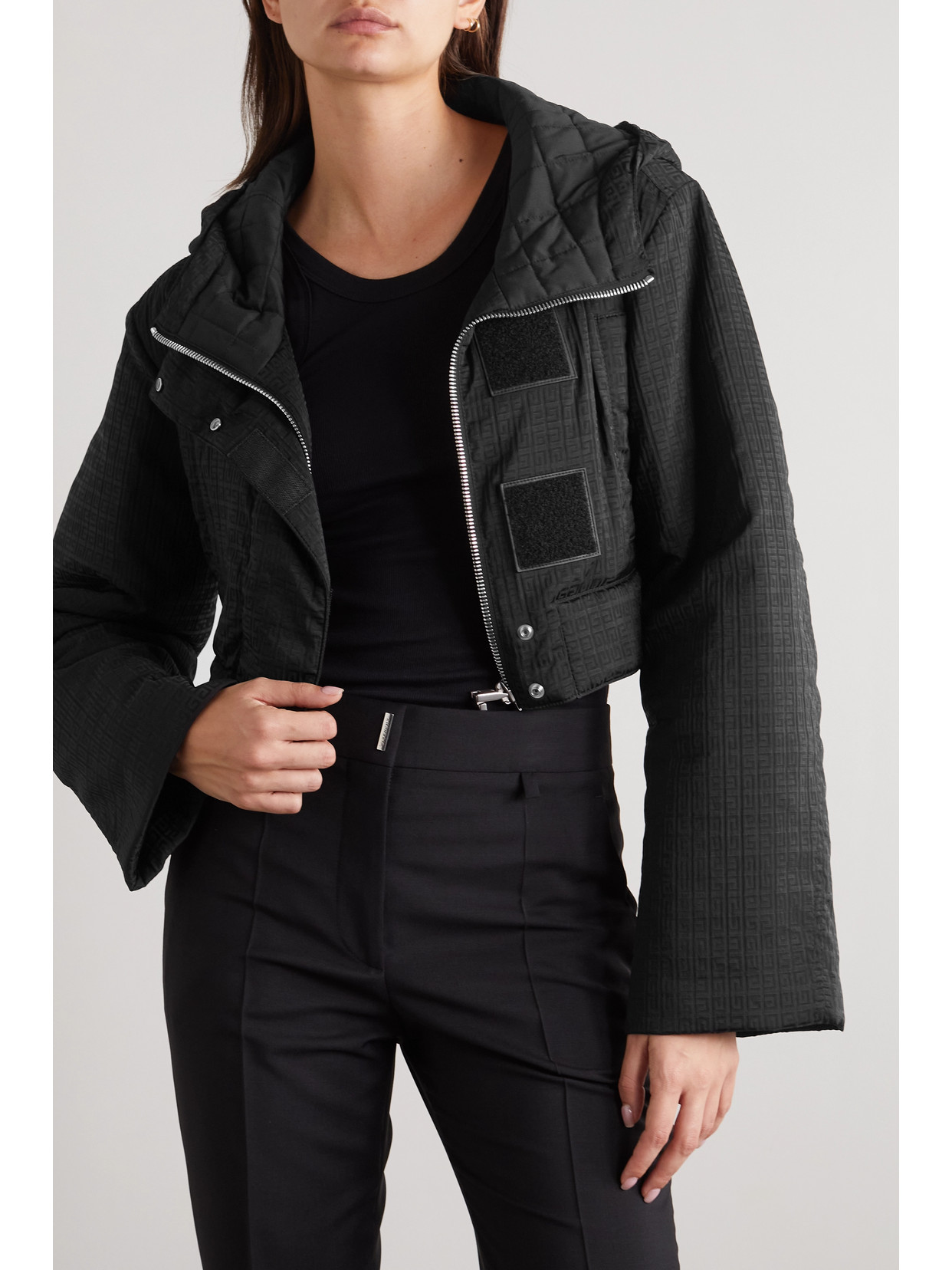 Cropped Padded Wool Blend-Trimmed Shell-Jacquard Hooded Jacket