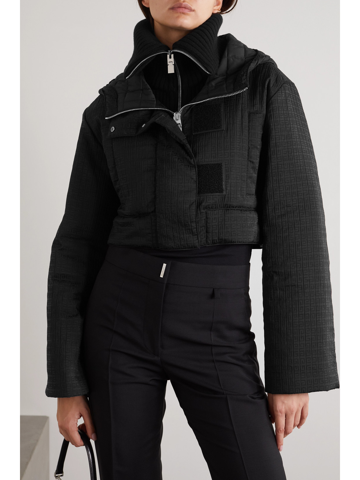 Cropped Padded Wool Blend-Trimmed Shell-Jacquard Hooded Jacket
