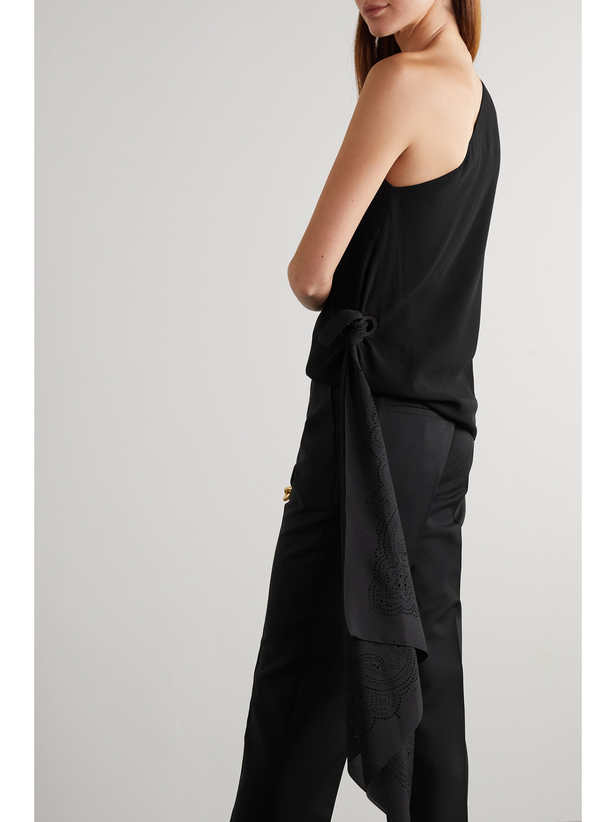 Shop Givenchy One-shoulder Draped Perforated Crepe And Ribbed-knit Top In Black