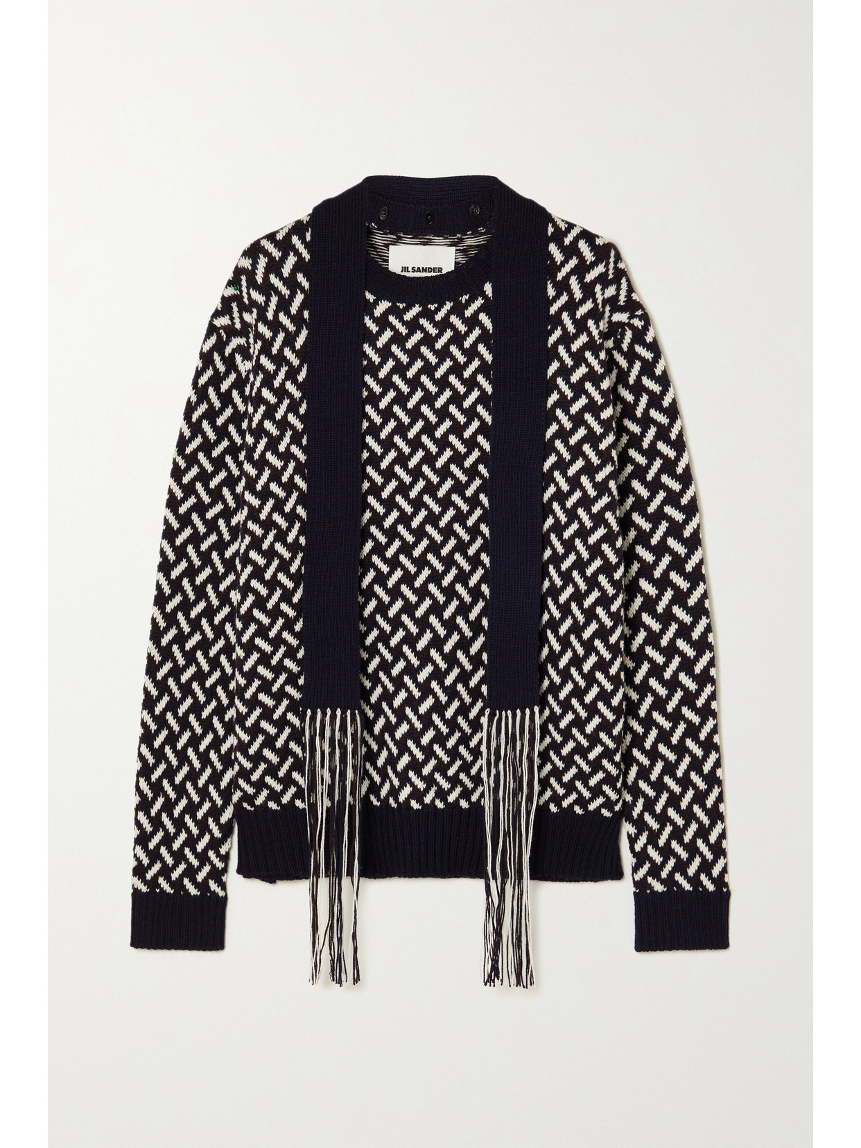Jil Sander Fringed Tie-neck Intarsia Wool Sweater In Blue