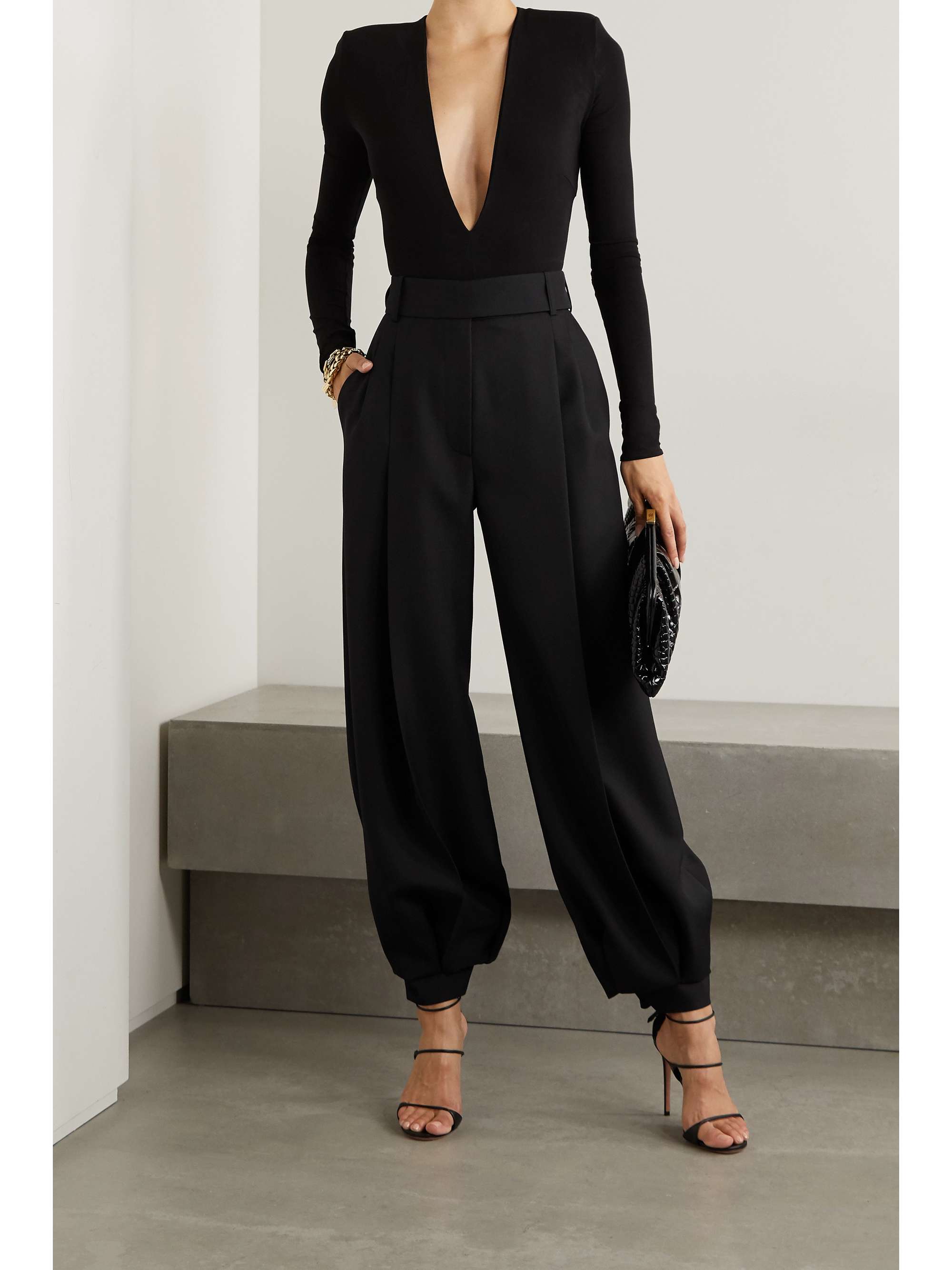 Black Pleated wool wide-leg pants 