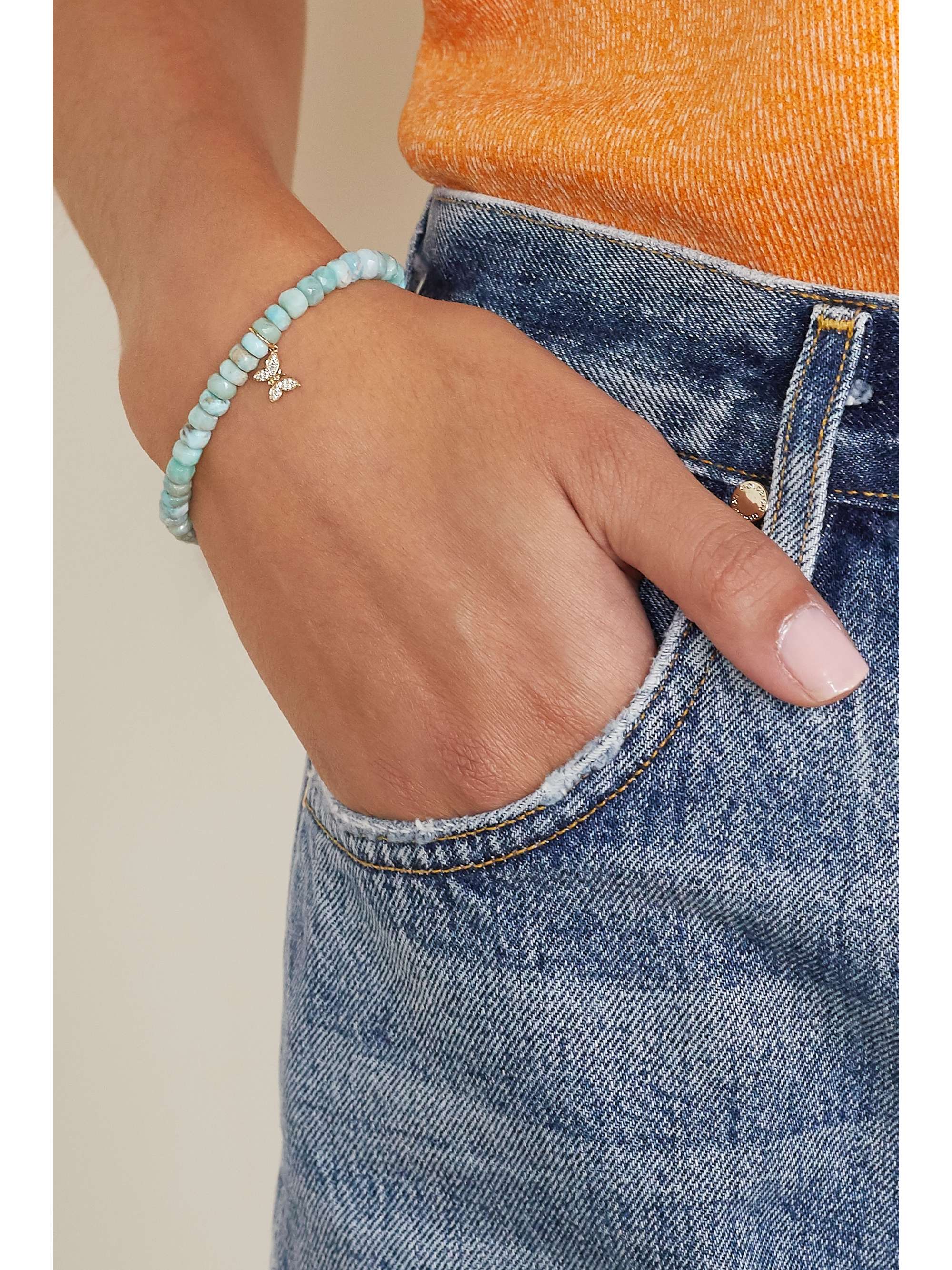 SYDNEY EVAN Mini Peace Sign 14-karat gold, diamond and bead bracelet