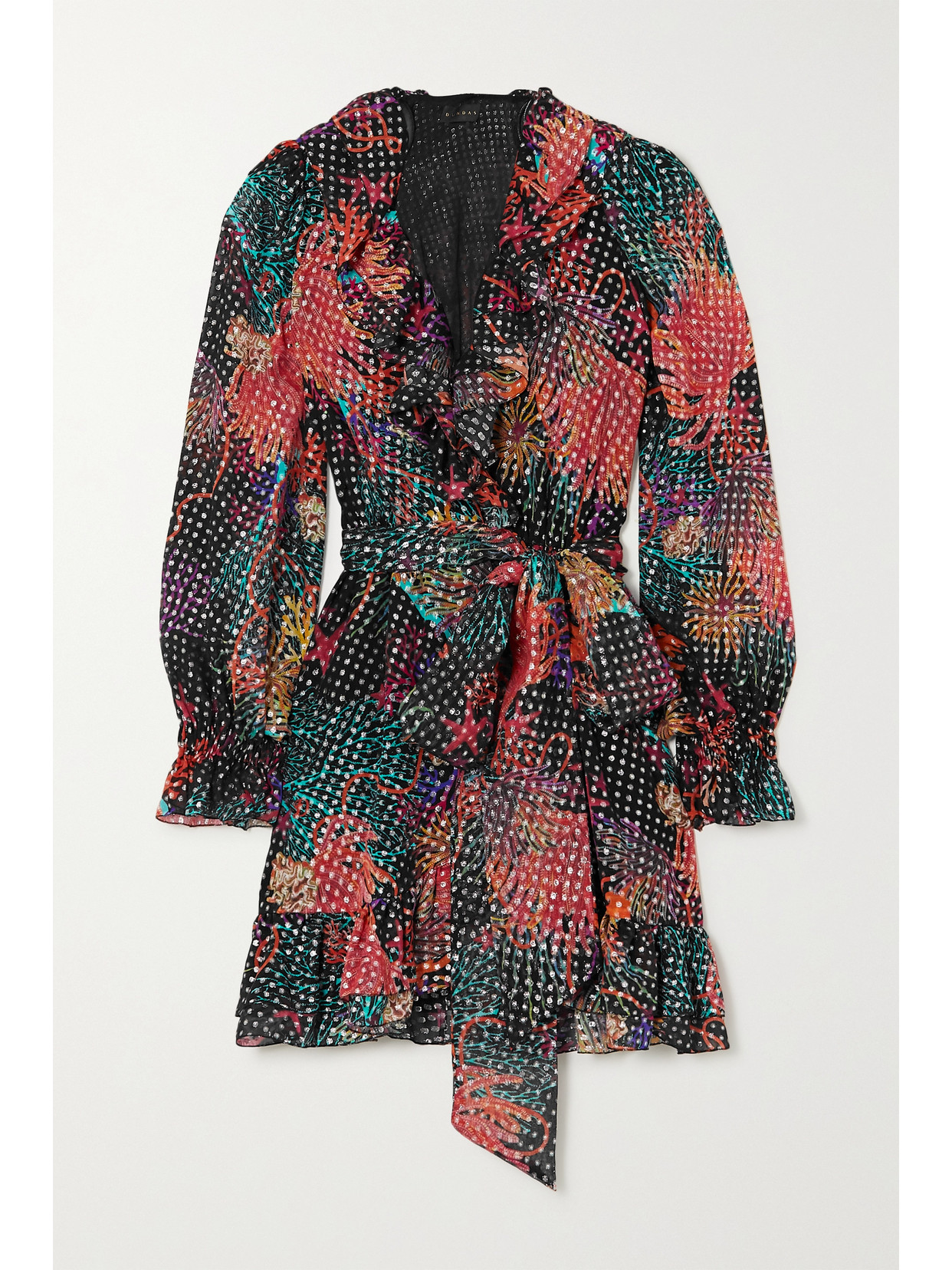 Dundas Ruffled Wrap-effect Metallic Fil Coupé Silk-blend Georgette Mini Dress In Black