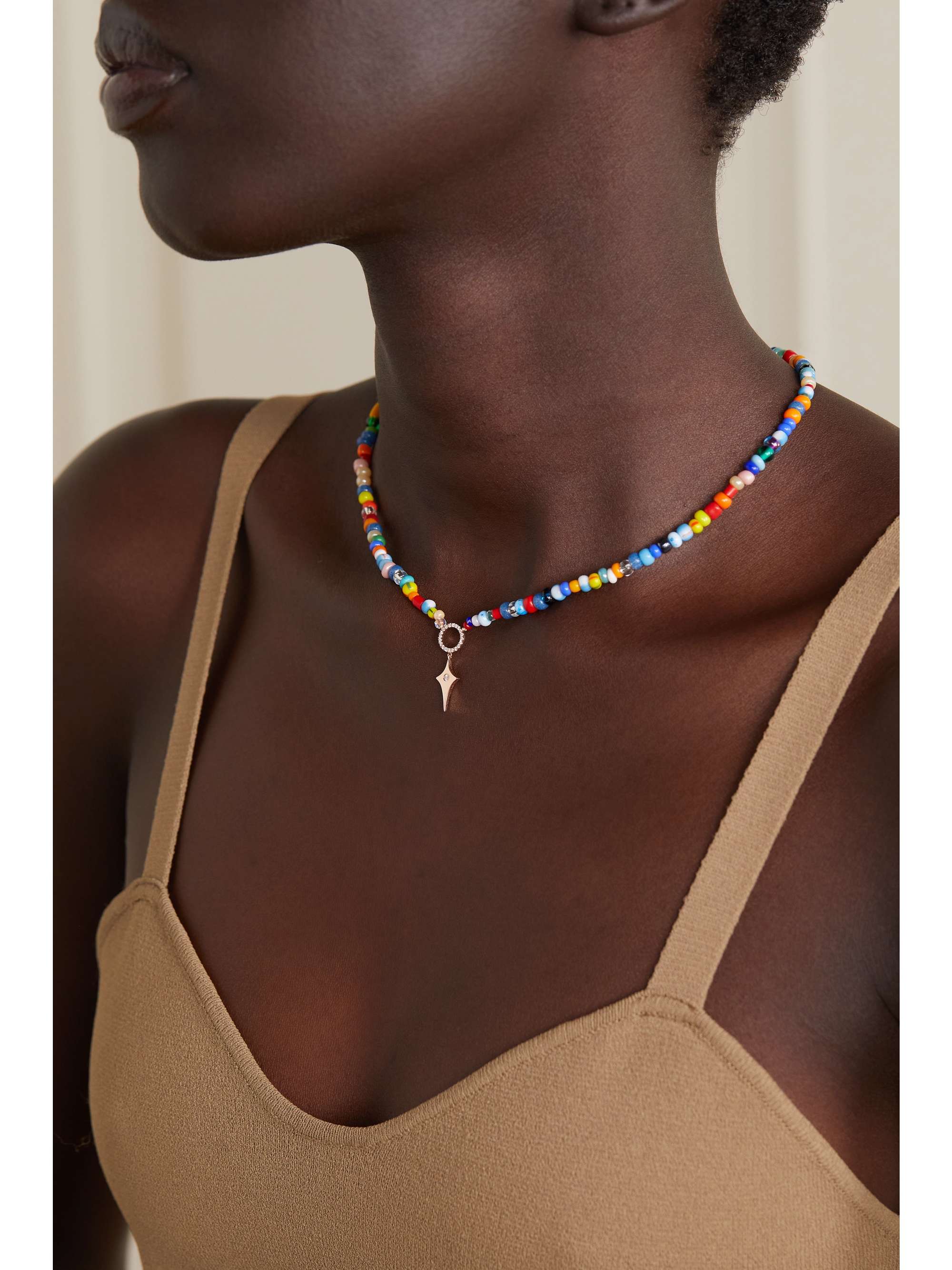DIANE KORDAS Evil Eye 14-karat rose gold, bead and diamond necklace