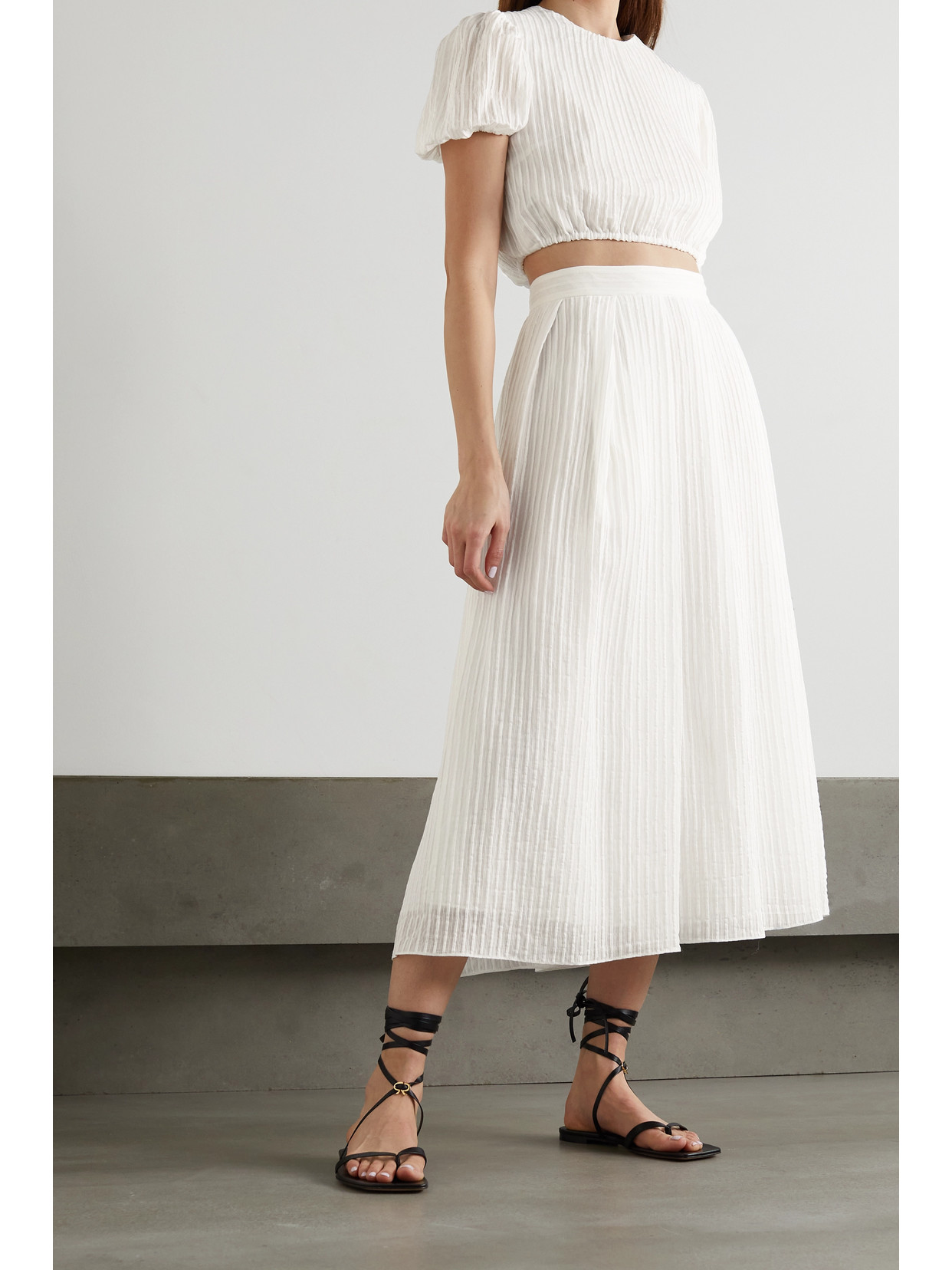 Shop Erdem Lavin Pleated Seersucker Midi Skirt In White