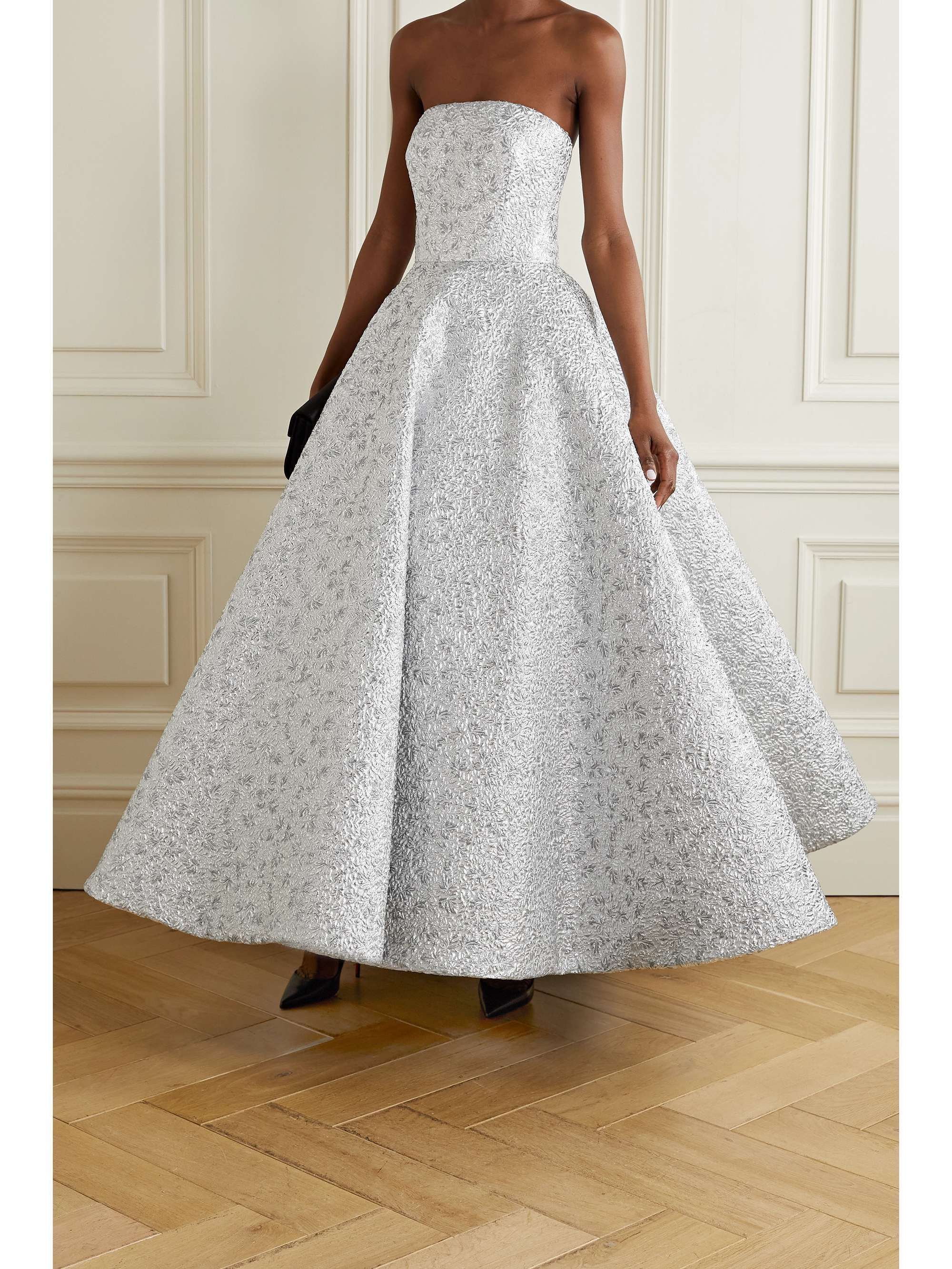 silver strapless gown