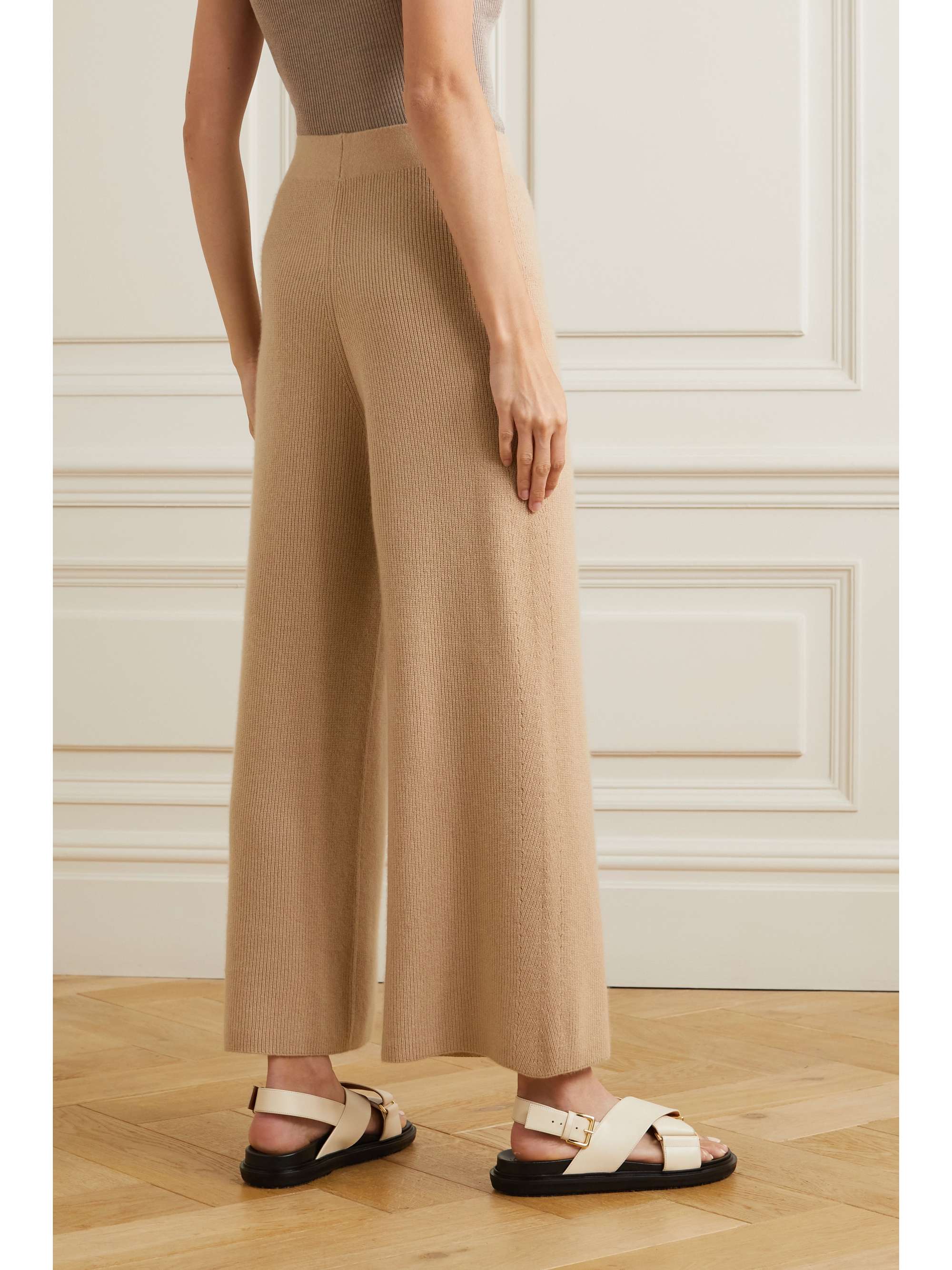 Beige Ribbed cashmere wide-leg pants 