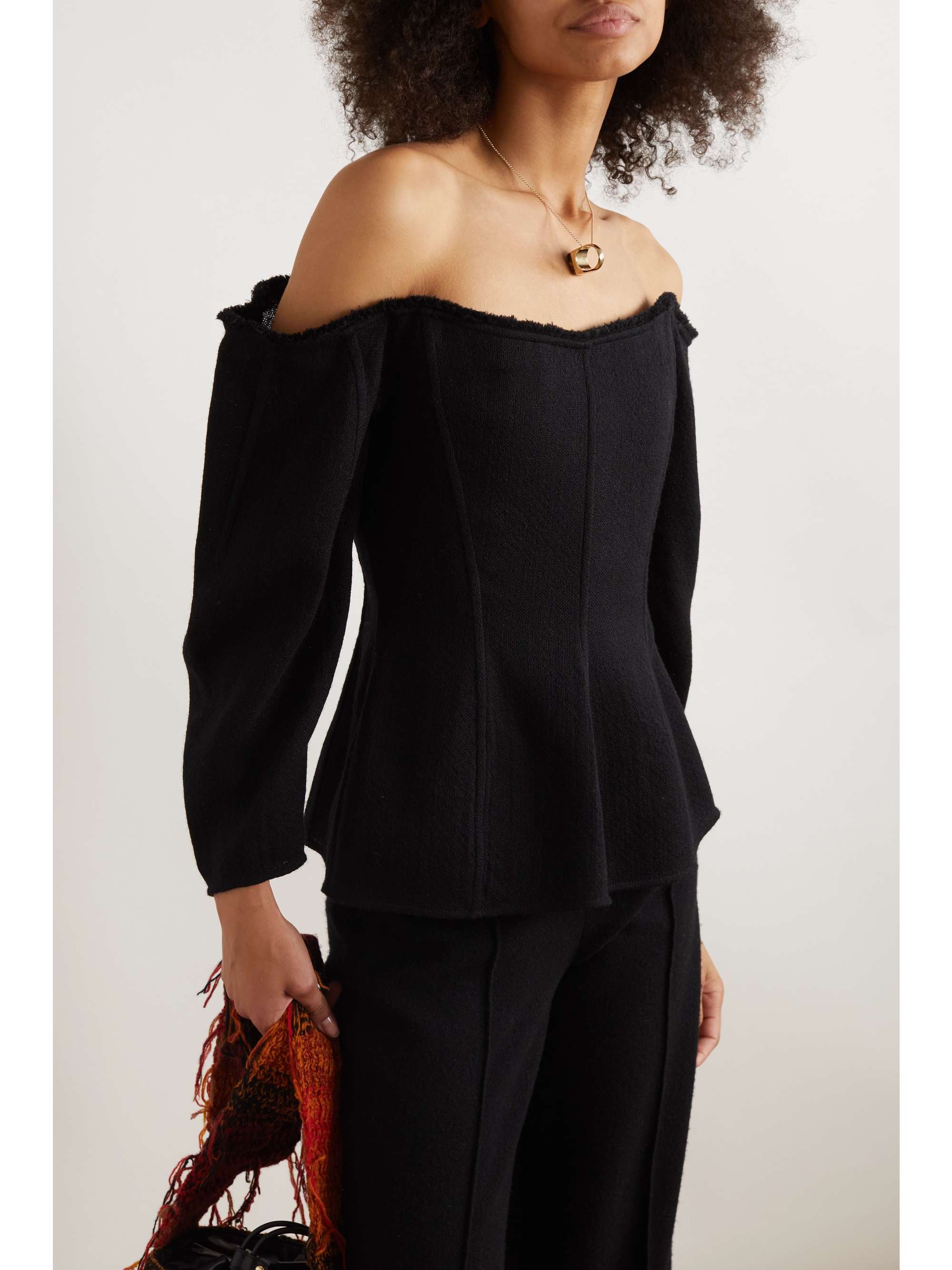 CHLOÉ Off-the-shoulder paneled wool and cashmere-blend blouse