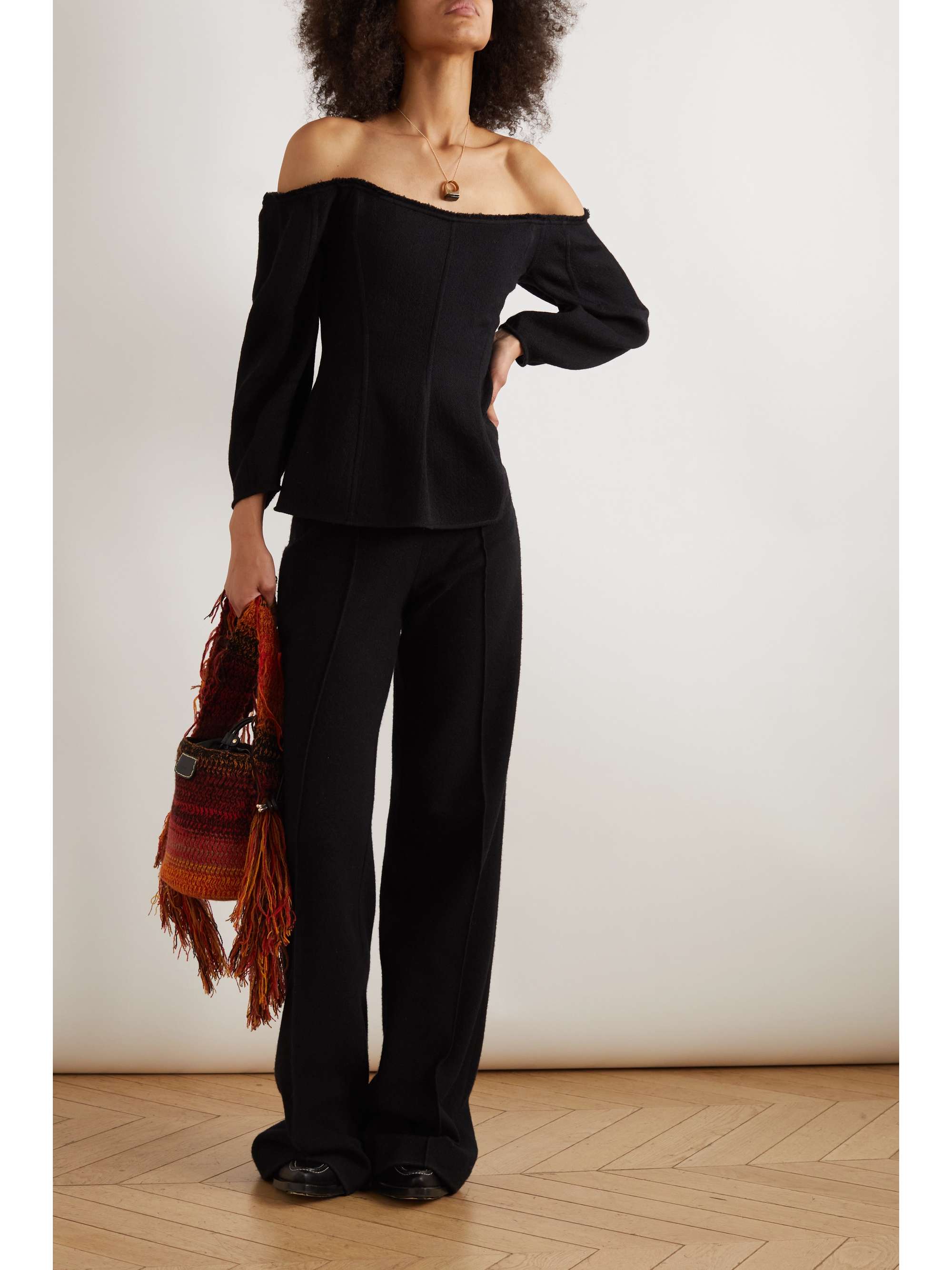 CHLOÉ Off-the-shoulder paneled wool and cashmere-blend blouse