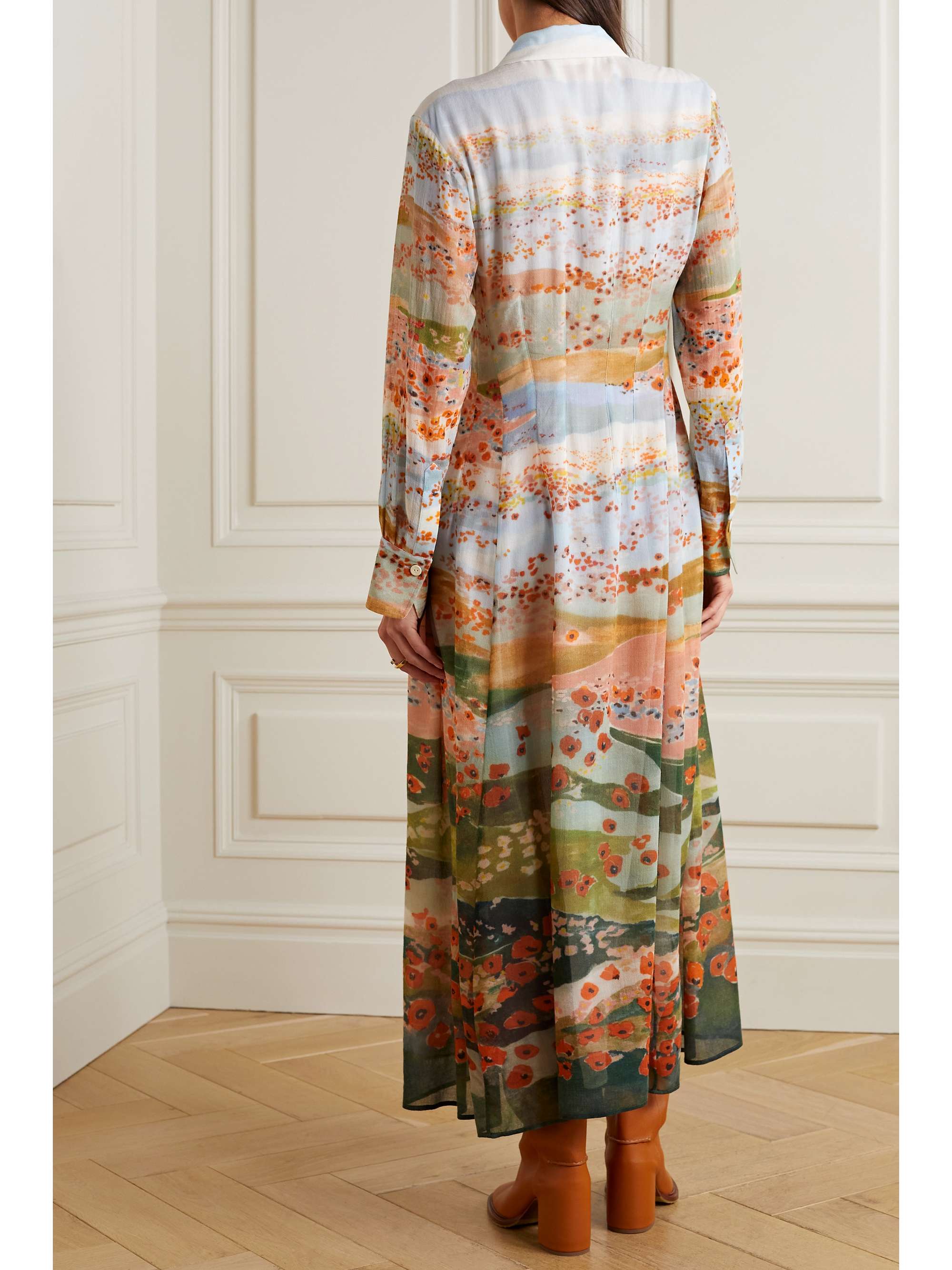 Printed wool-gauze midi shirt dress
