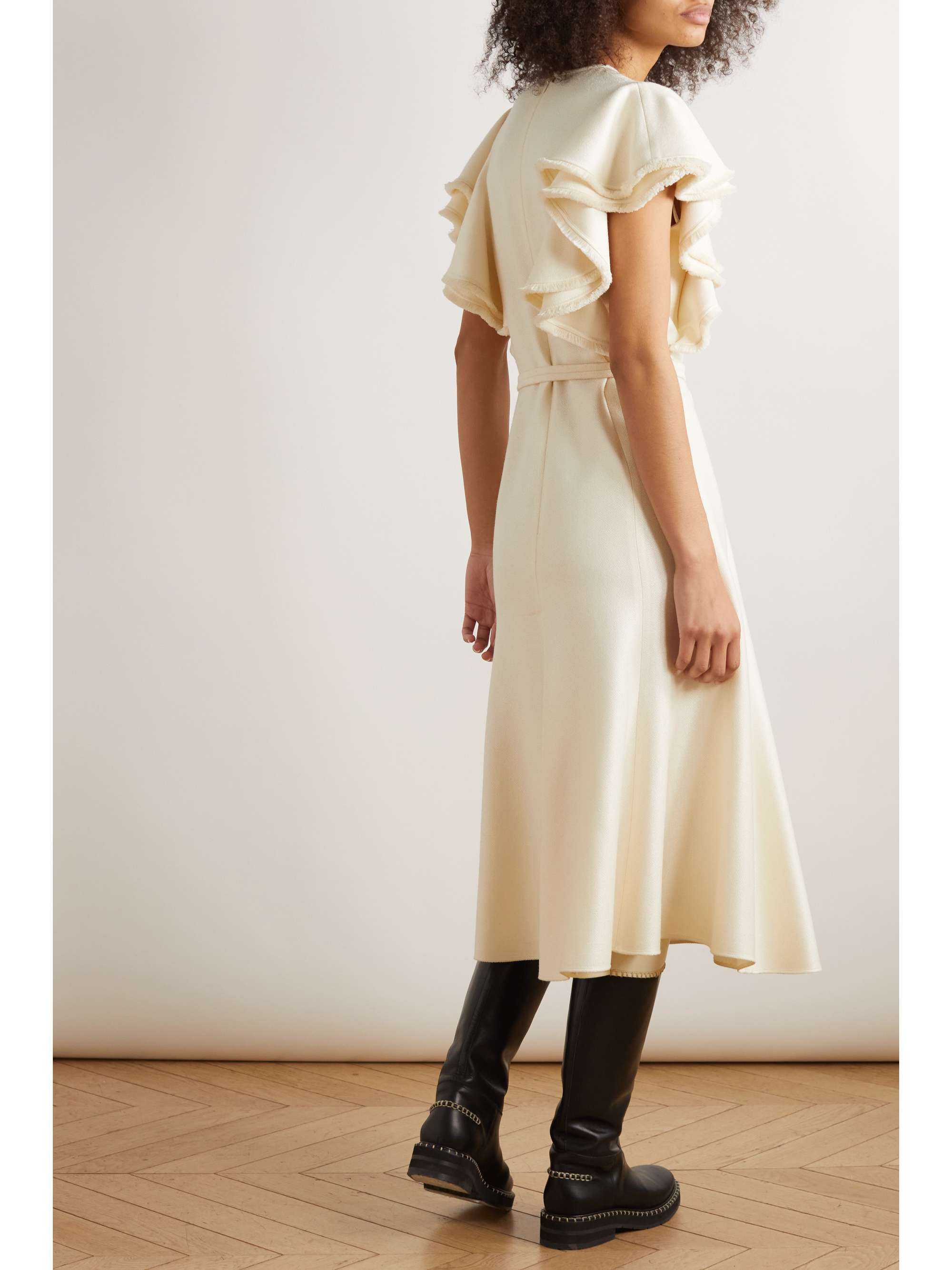 Belted ruffled silk and wool-blend midi dress