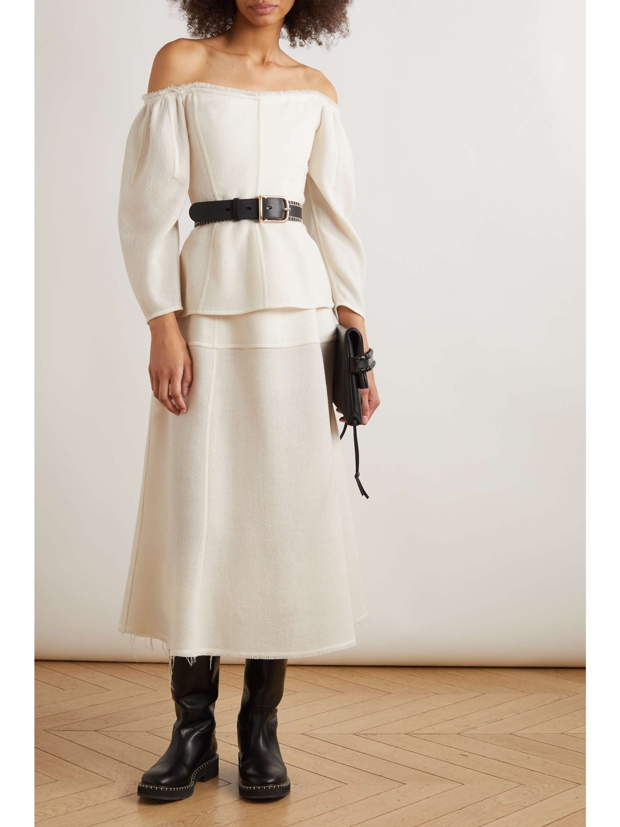 CHLOÉ Off-the-shoulder paneled wool and cashmere-blend blouse