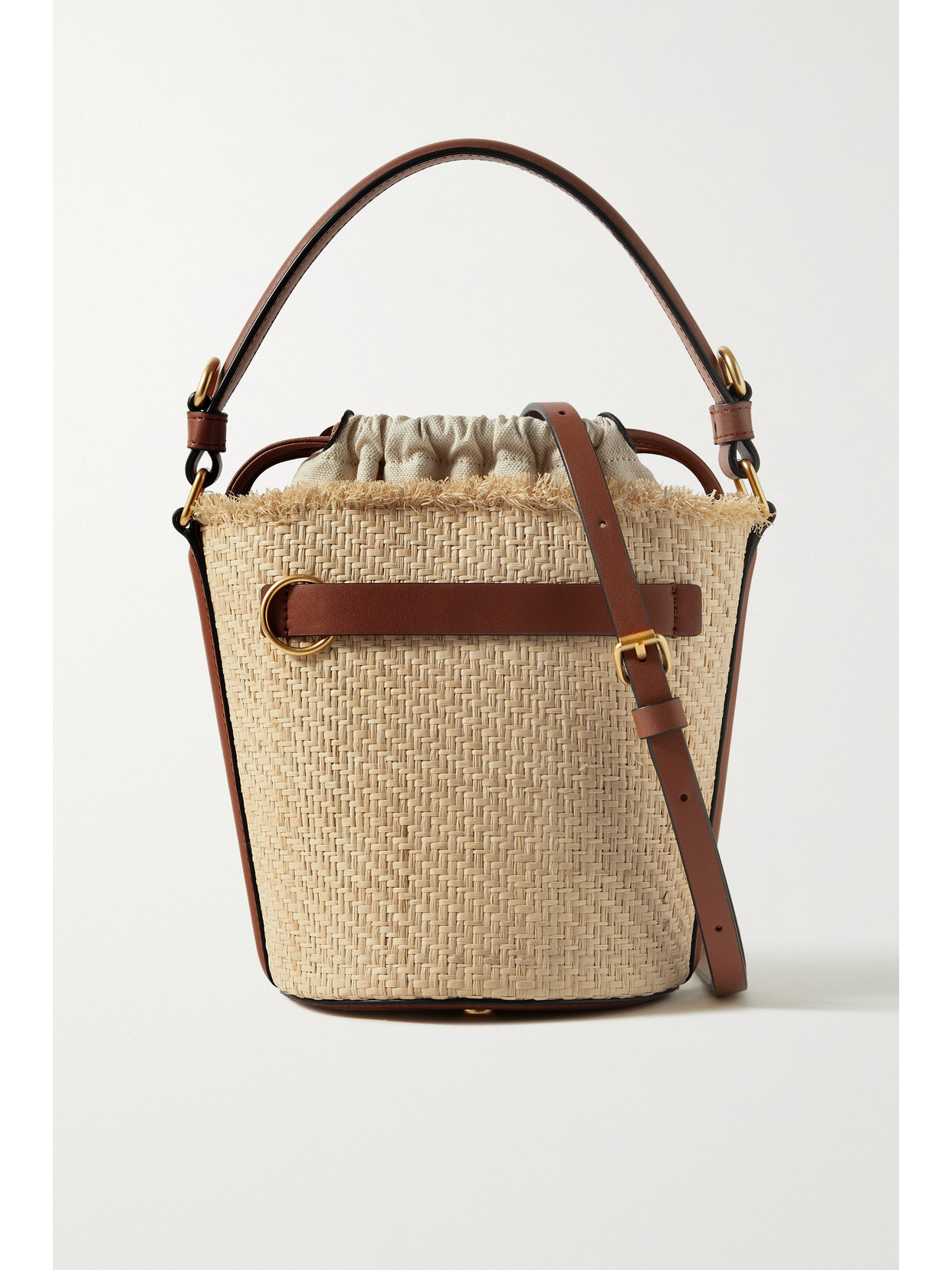 Oroton Audrey Collectable Leather-trimmed Raffia Bucket Bag In