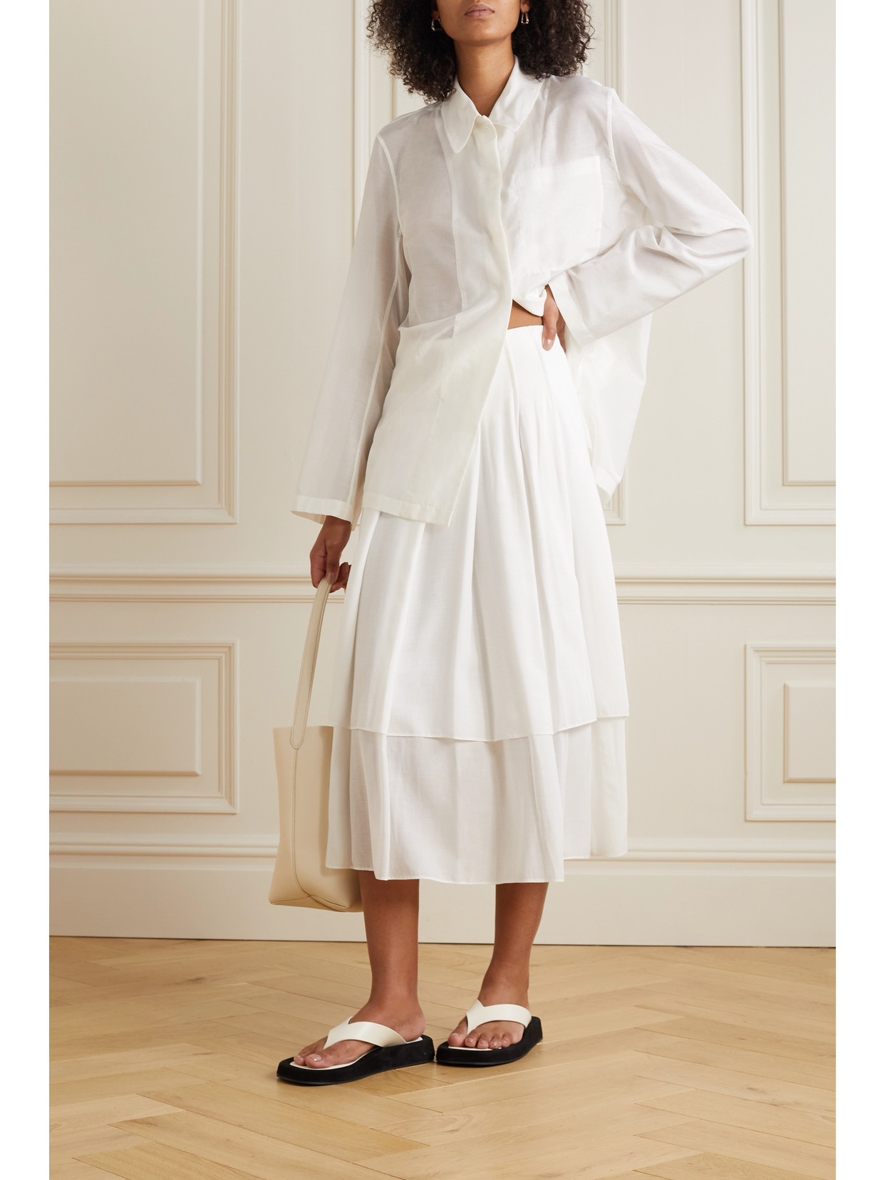 Shop The Row Mirons Pleated Woven Midi Skirt In White