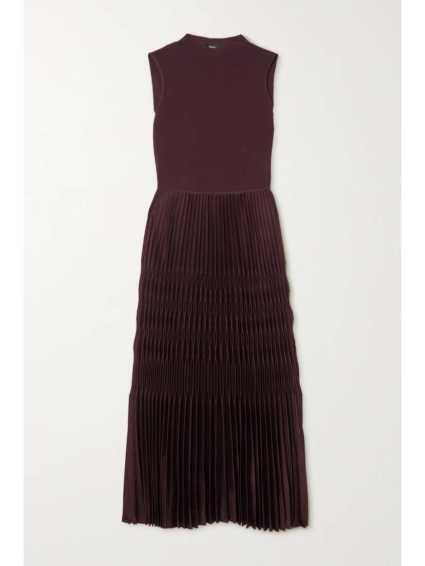 Theory Pleated Ribbed-knit And Satin Dress