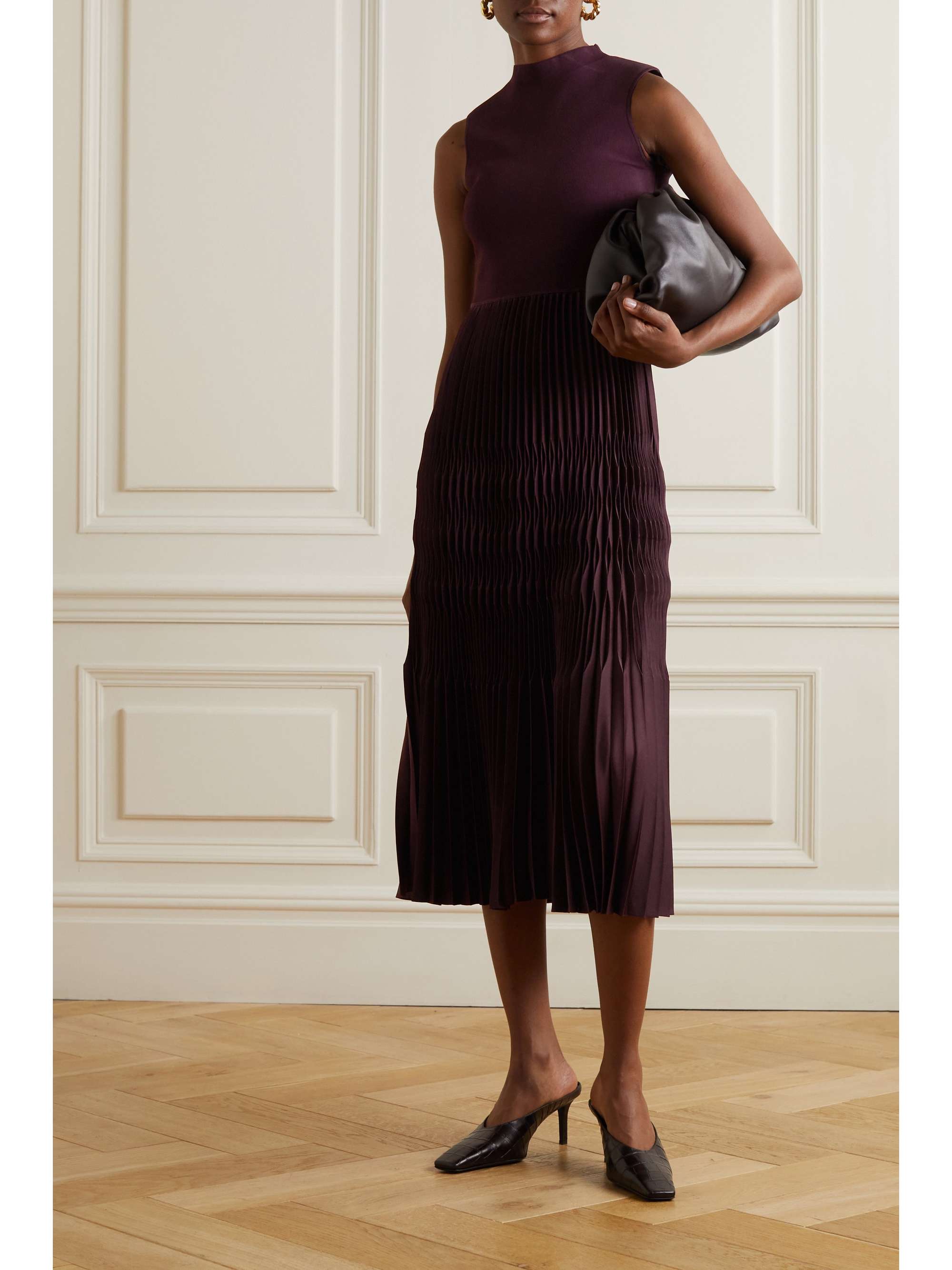 THEORY Pleated ribbed-knit and satin dress | NET-A-PORTER