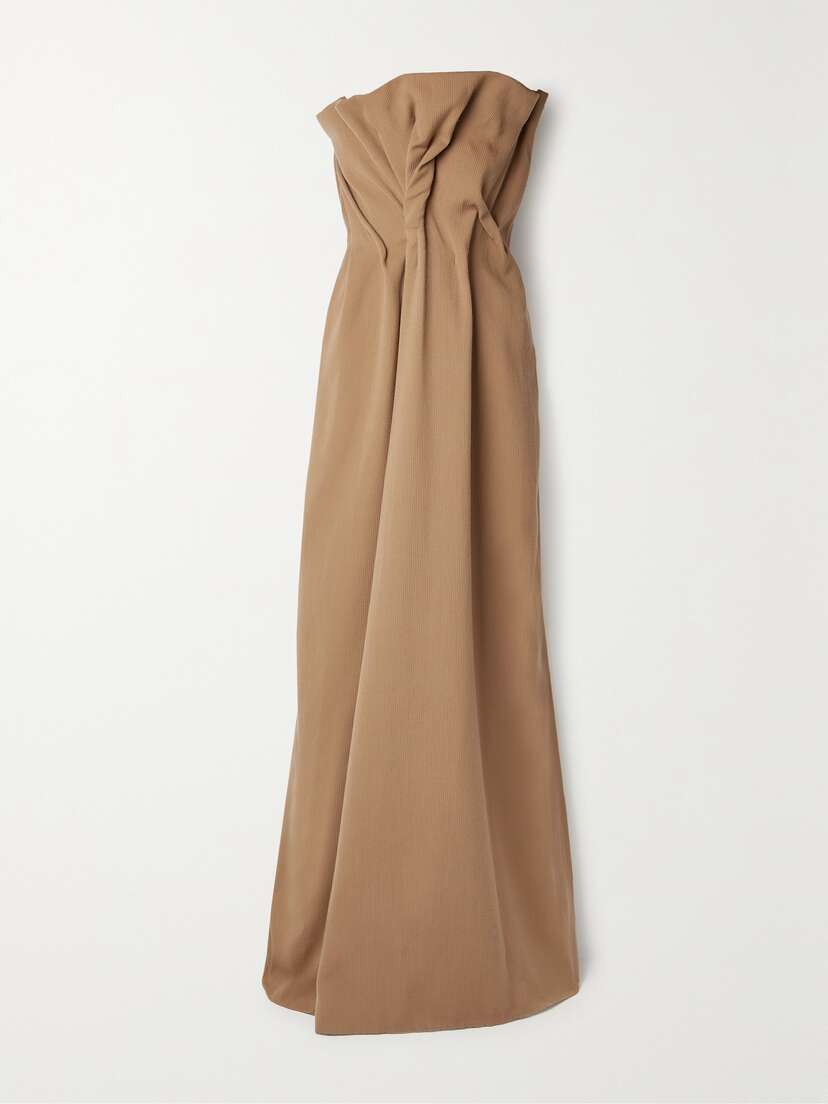 The Row Nimah Strapless Gathered Ribbed Wool And Cotton-blend Maxi Dress
