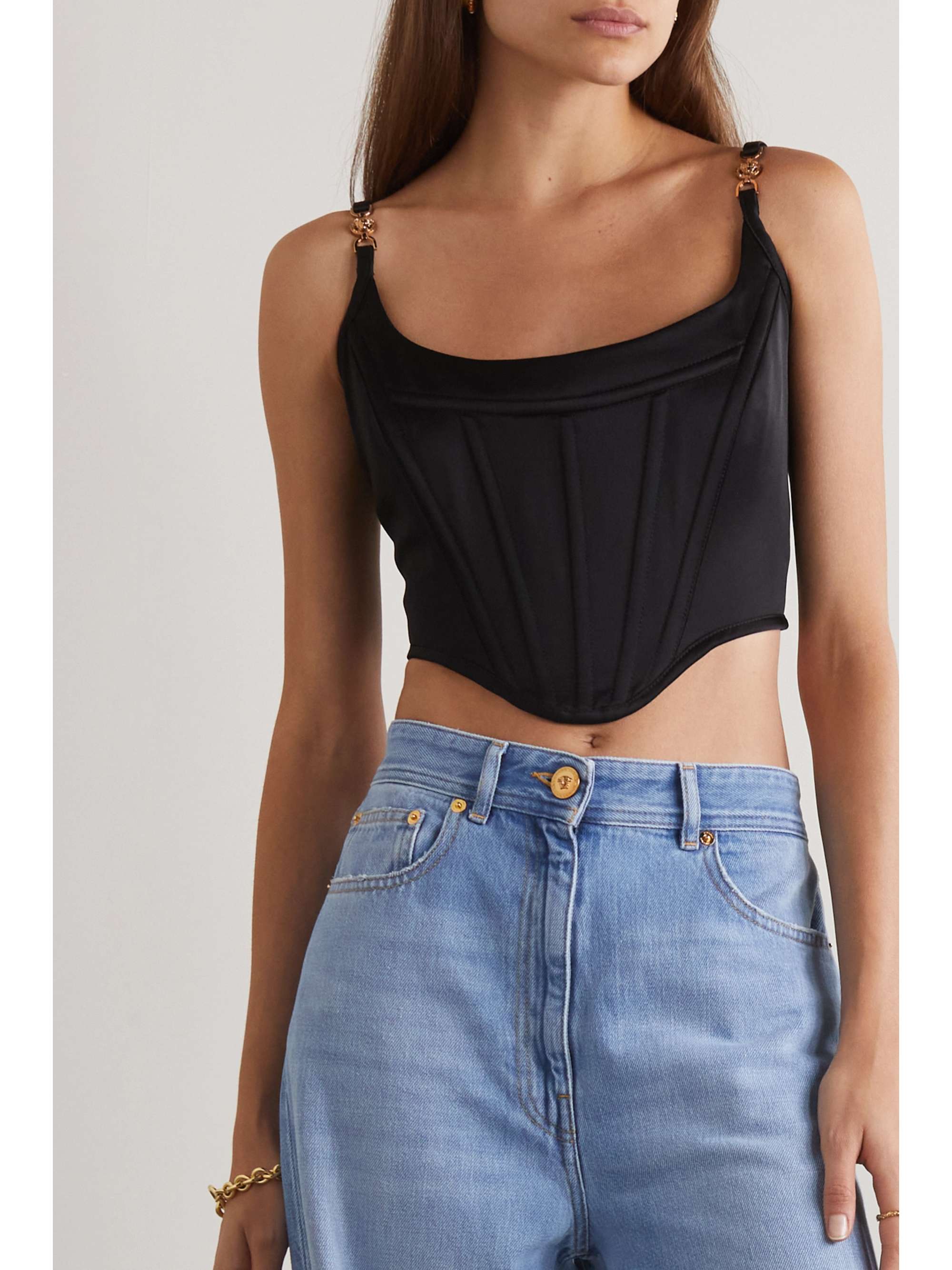 VERSACE Cropped embellished satin bustier top
