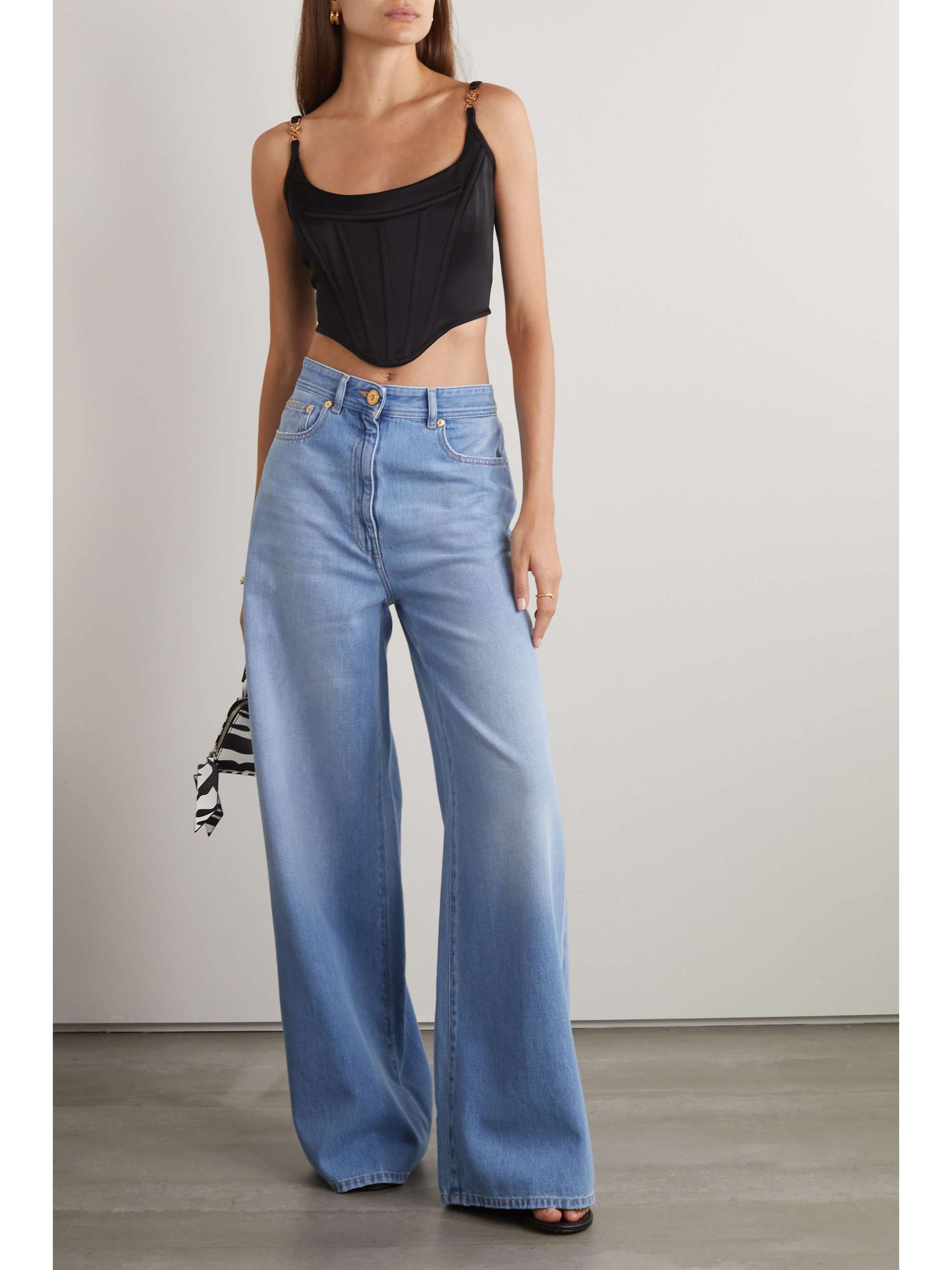 VERSACE Cropped embellished satin bustier top