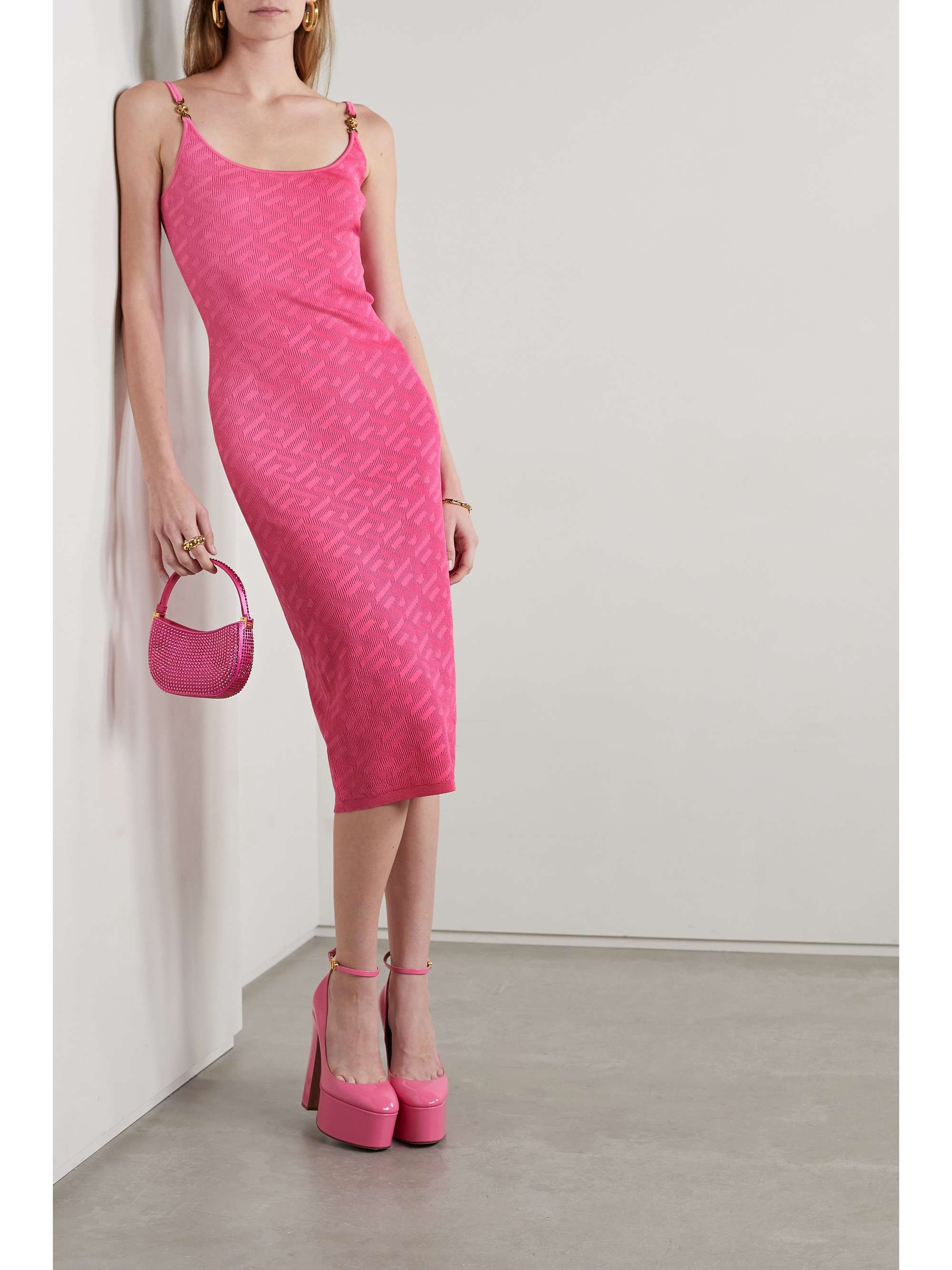 VERSACE La Greca embellished jacquard-knit midi dress