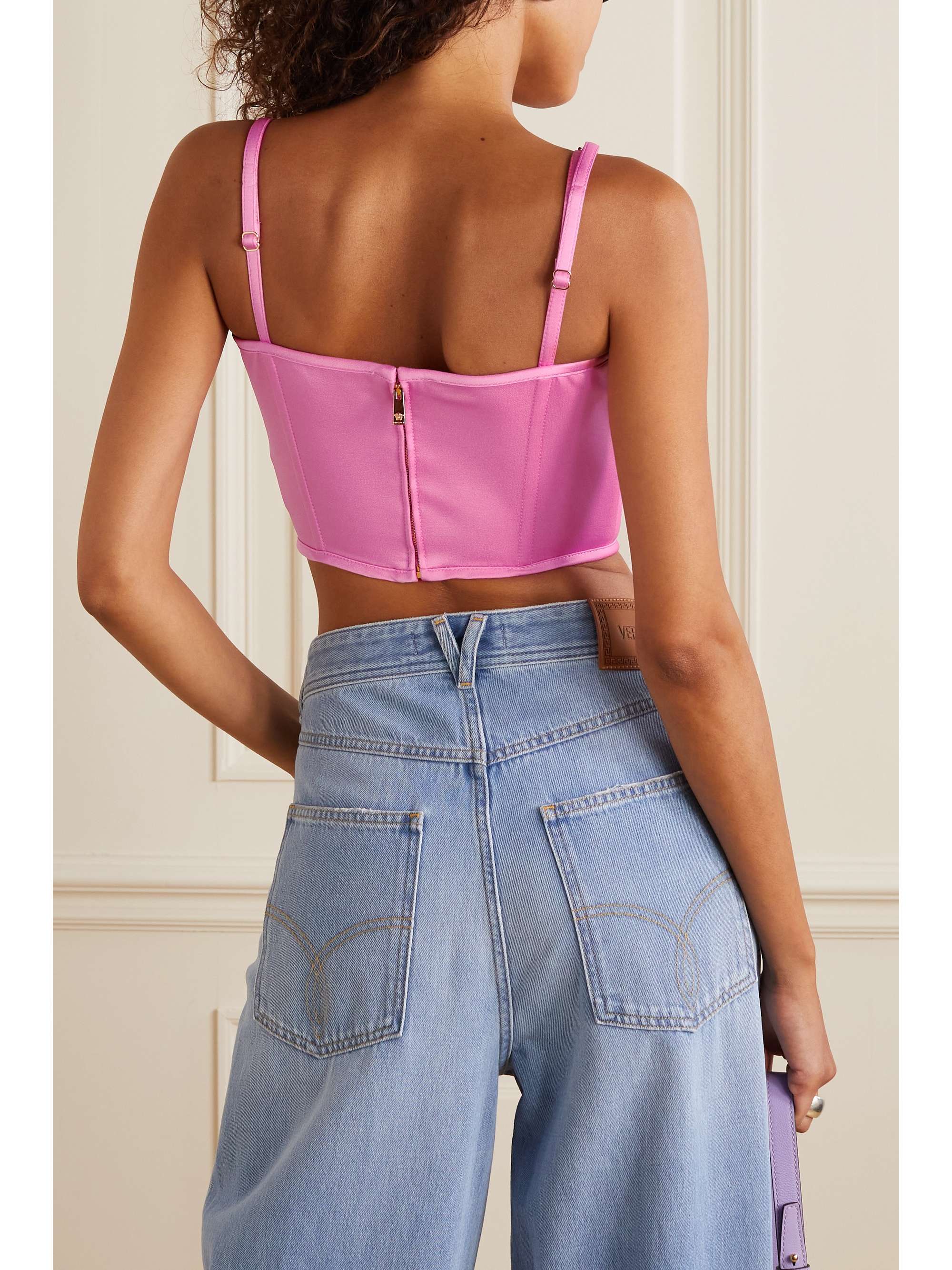 VERSACE Cropped embellished satin bustier top