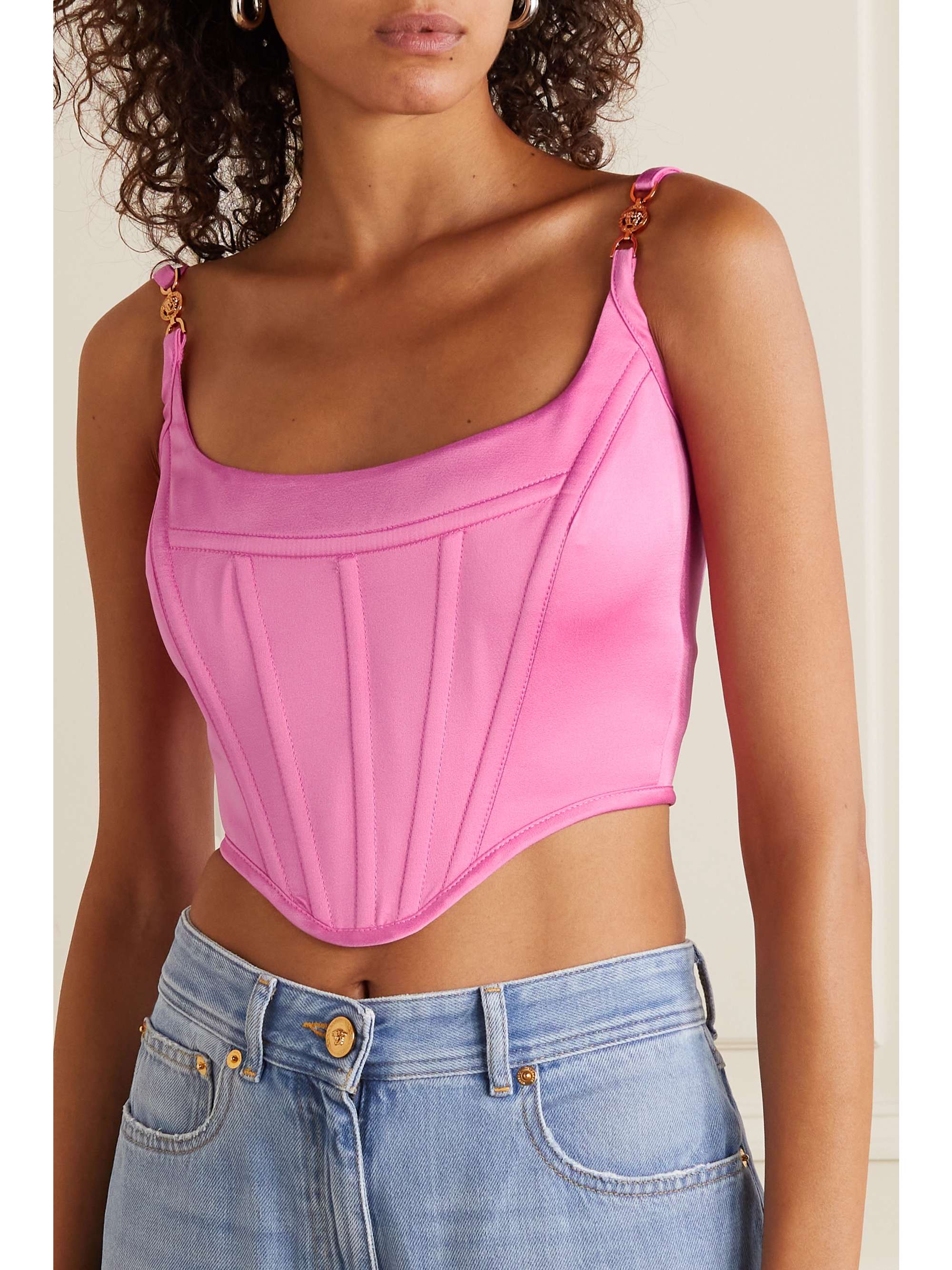VERSACE Cropped embellished satin bustier top