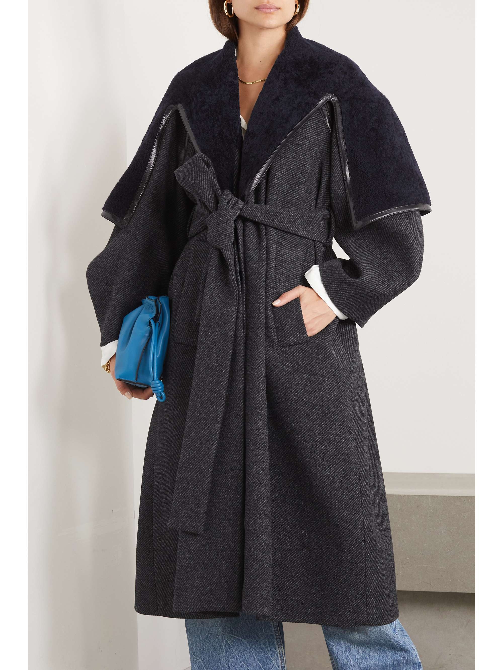 LOEWE Belted leather-trimmed wool-blend twill and shearling coat