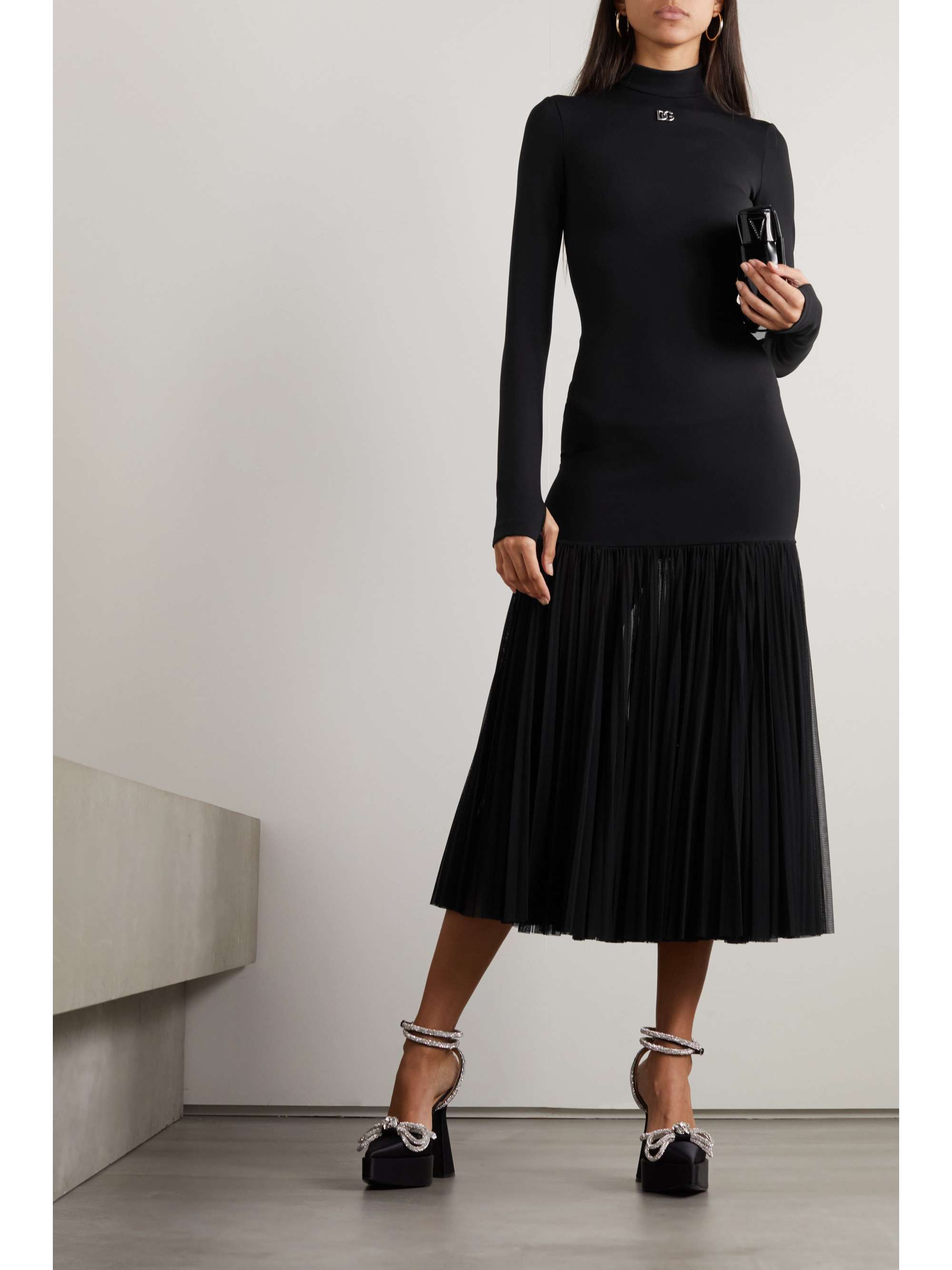 DOLCE & GABBANA Embellished stretch-jersey and tulle midi dress