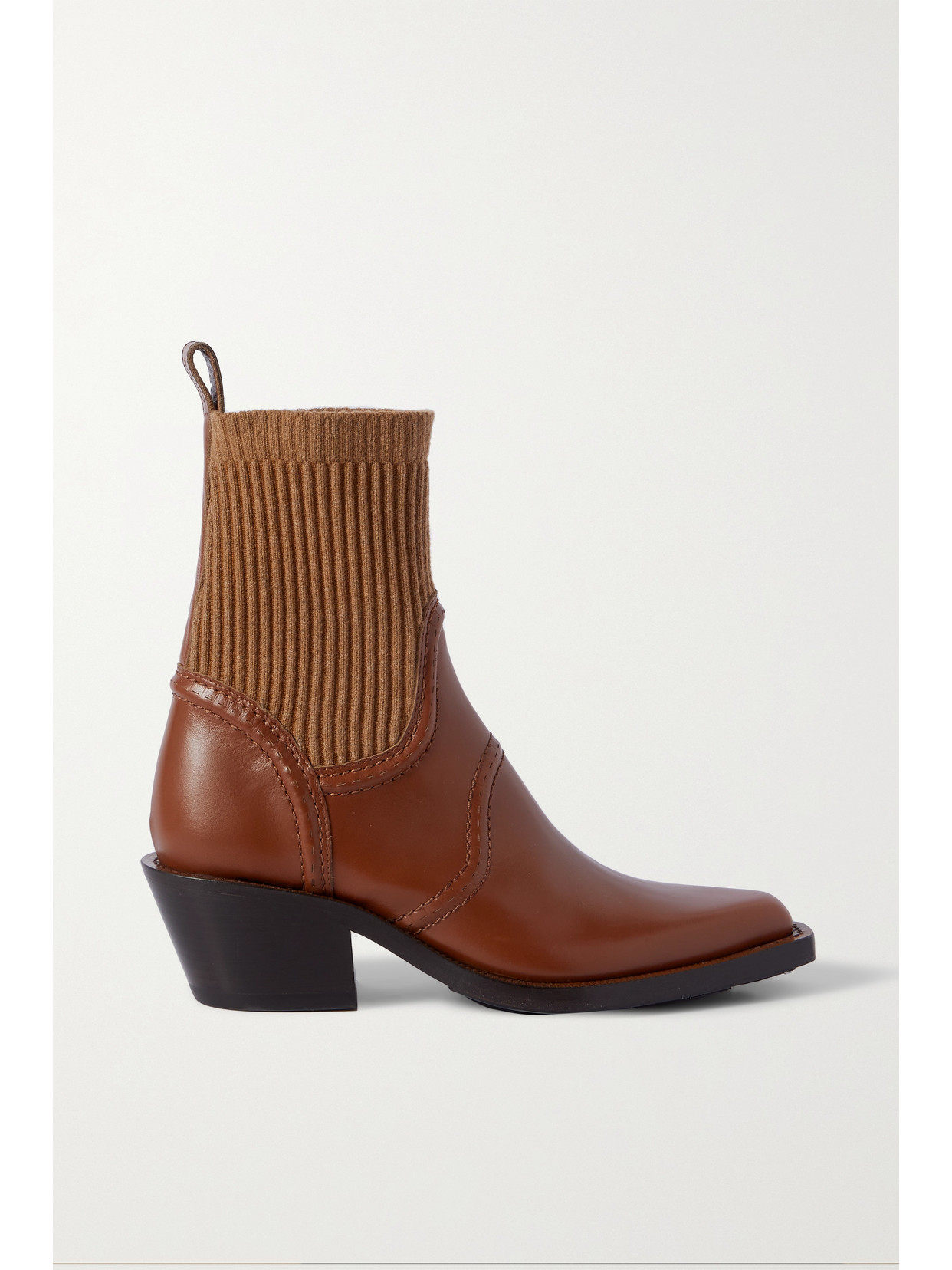 CHLOÉ NELLIE RIBBED CASHMERE-BLEND AND LEATHER ANKLE BOOTS