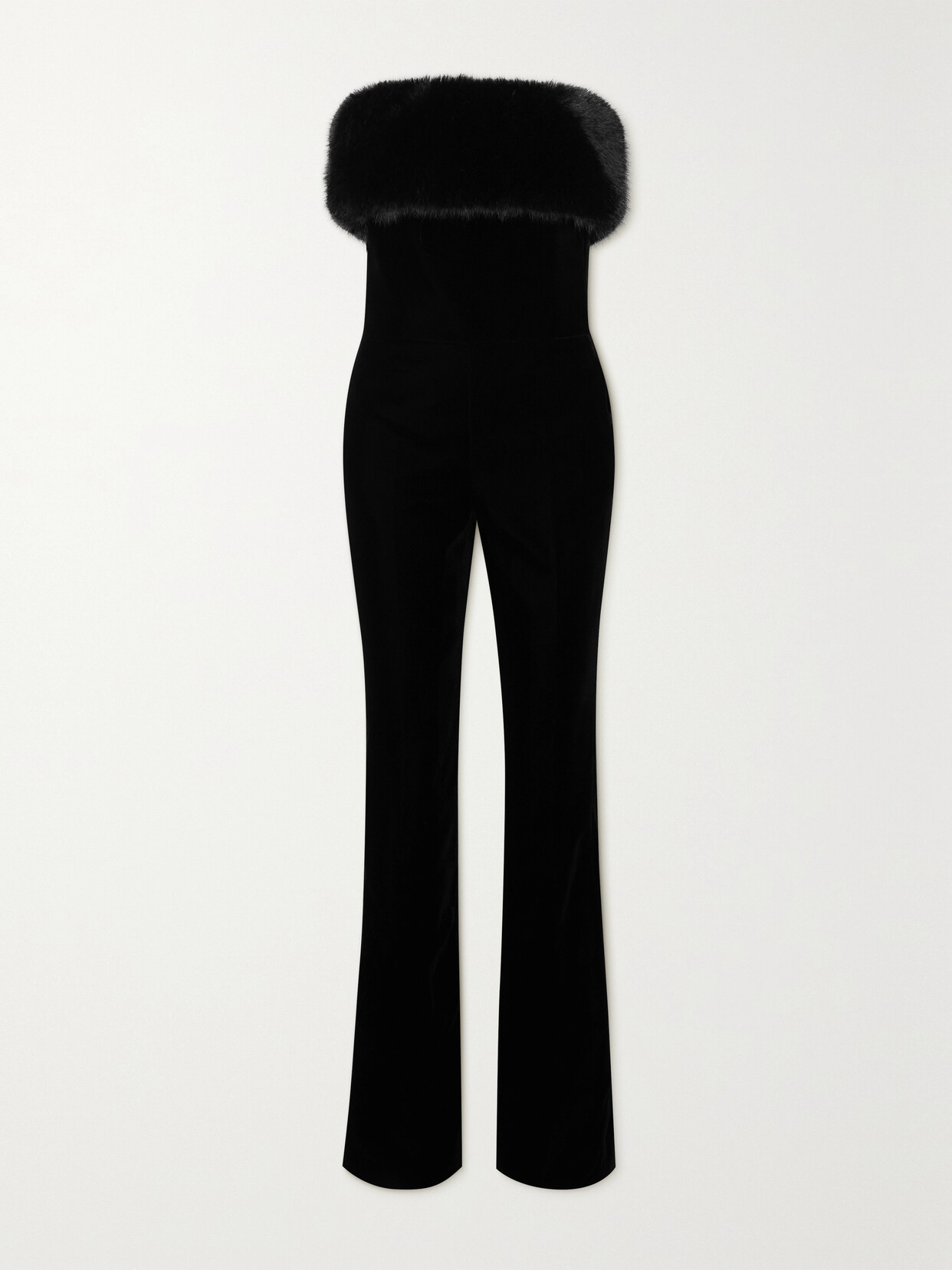 Saint Laurent Faux Fur-trimmed Velvet Bandeau Jumpsuit In Black
