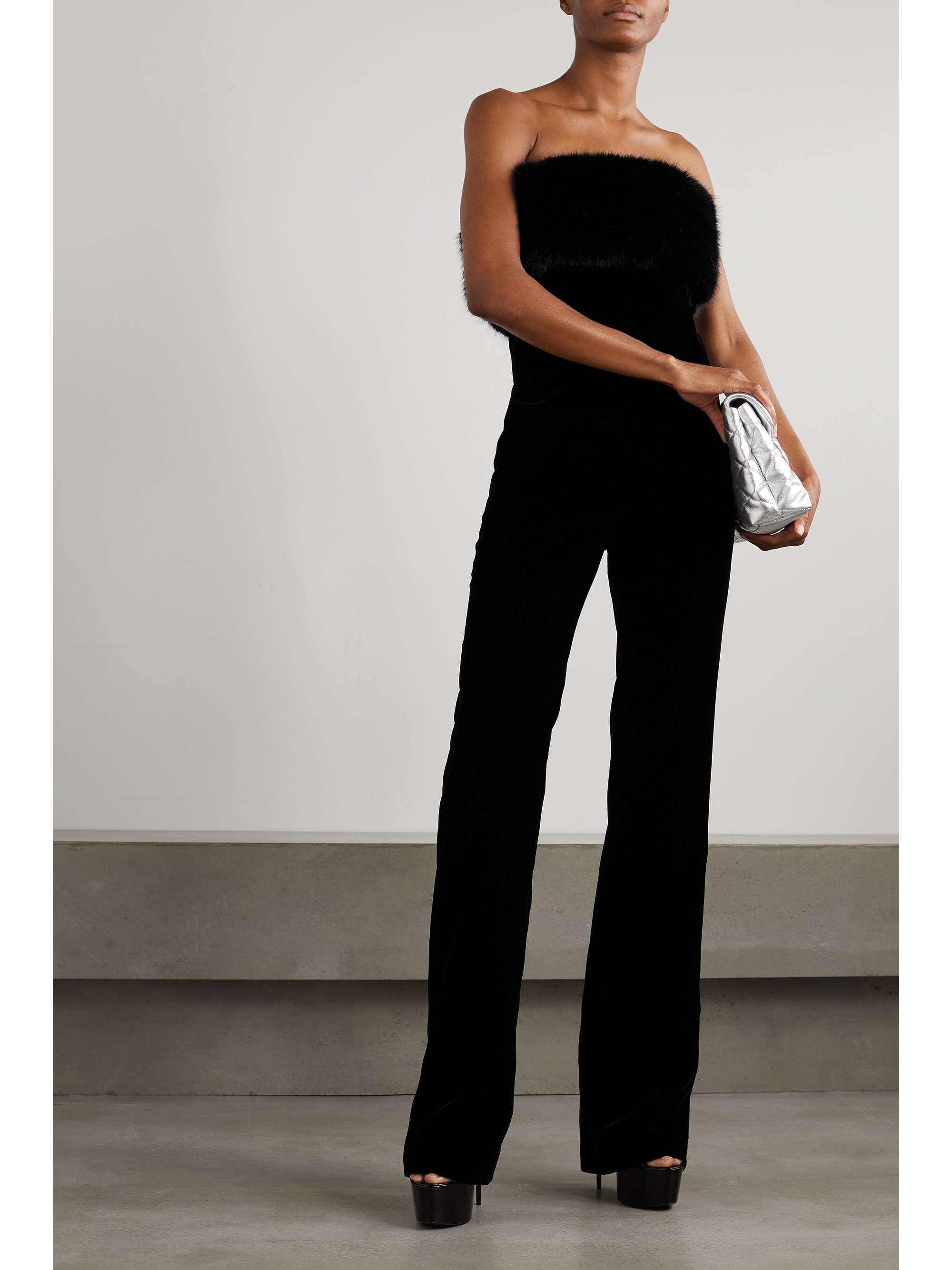 SAINT LAURENT Faux fur-trimmed velvet bandeau jumpsuit