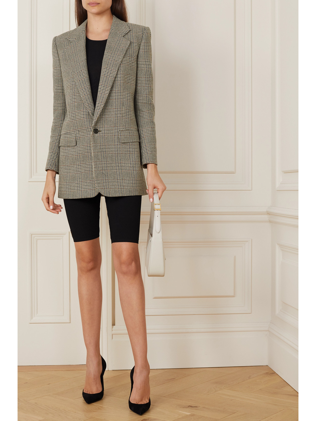 Shop Saint Laurent Houndstooth Wool-blend Blazer In Silver