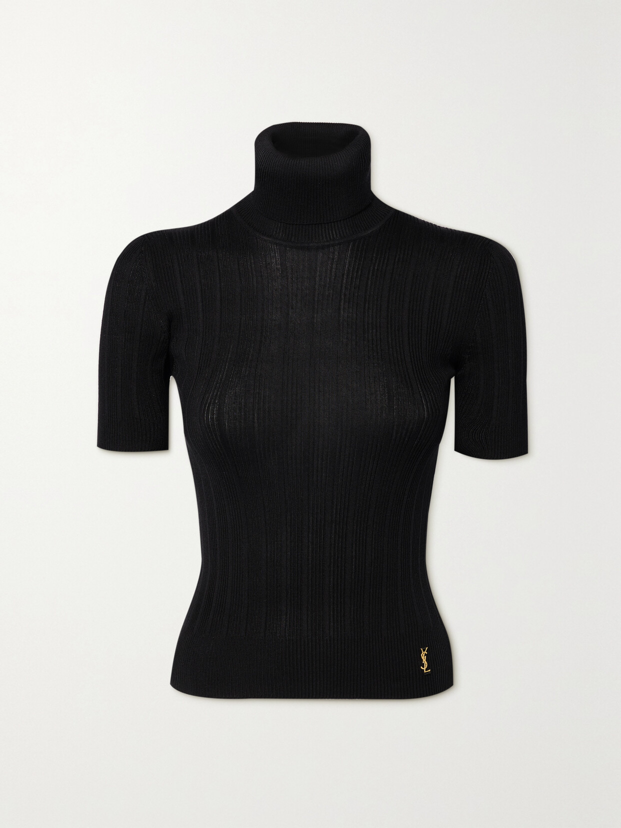 Saint Laurent Rib Short-sleeve Silk Turtleneck Sweater In Black