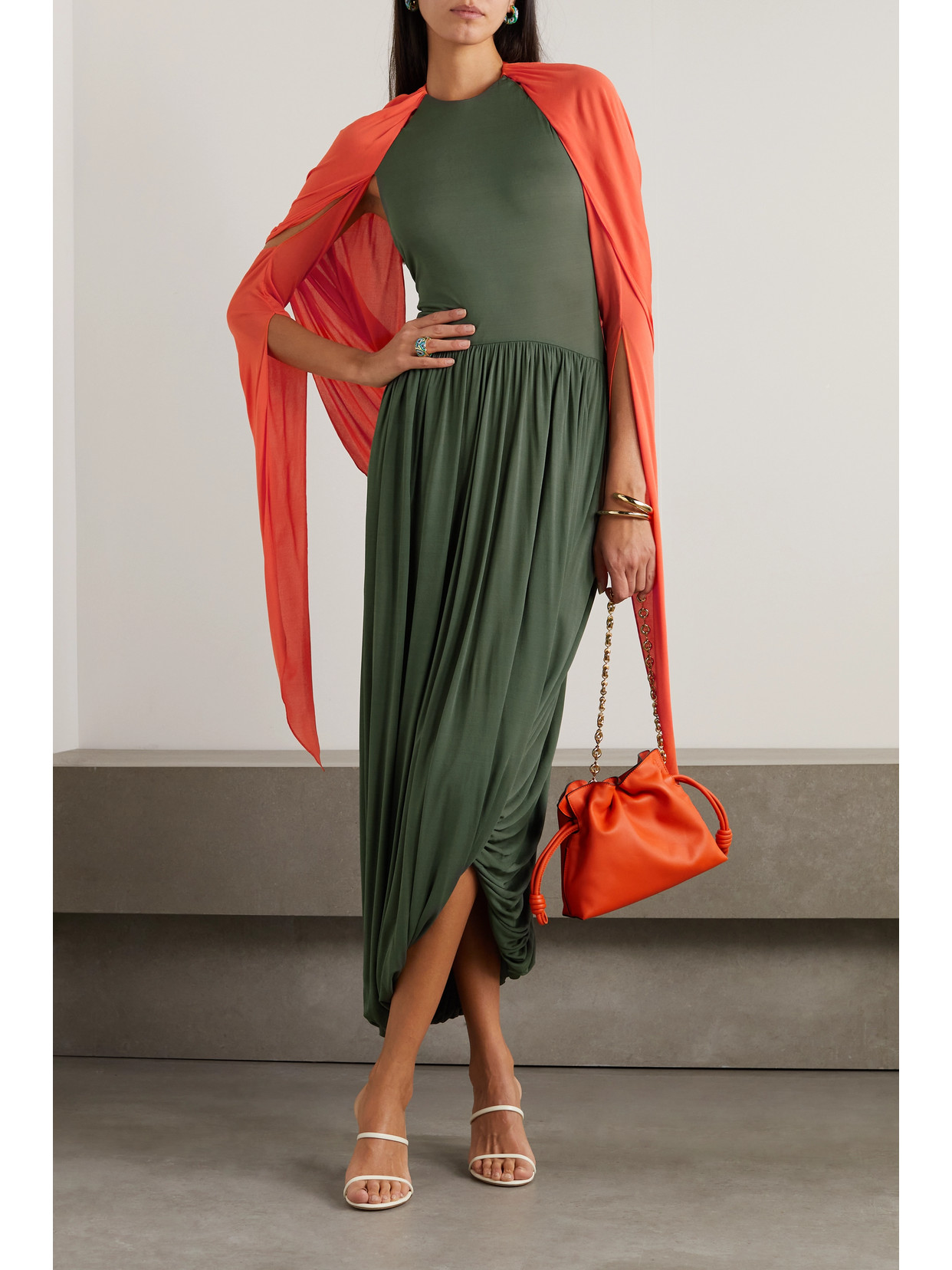 Shop Loewe Open-back Draped Crepe Maxi Dress In Green