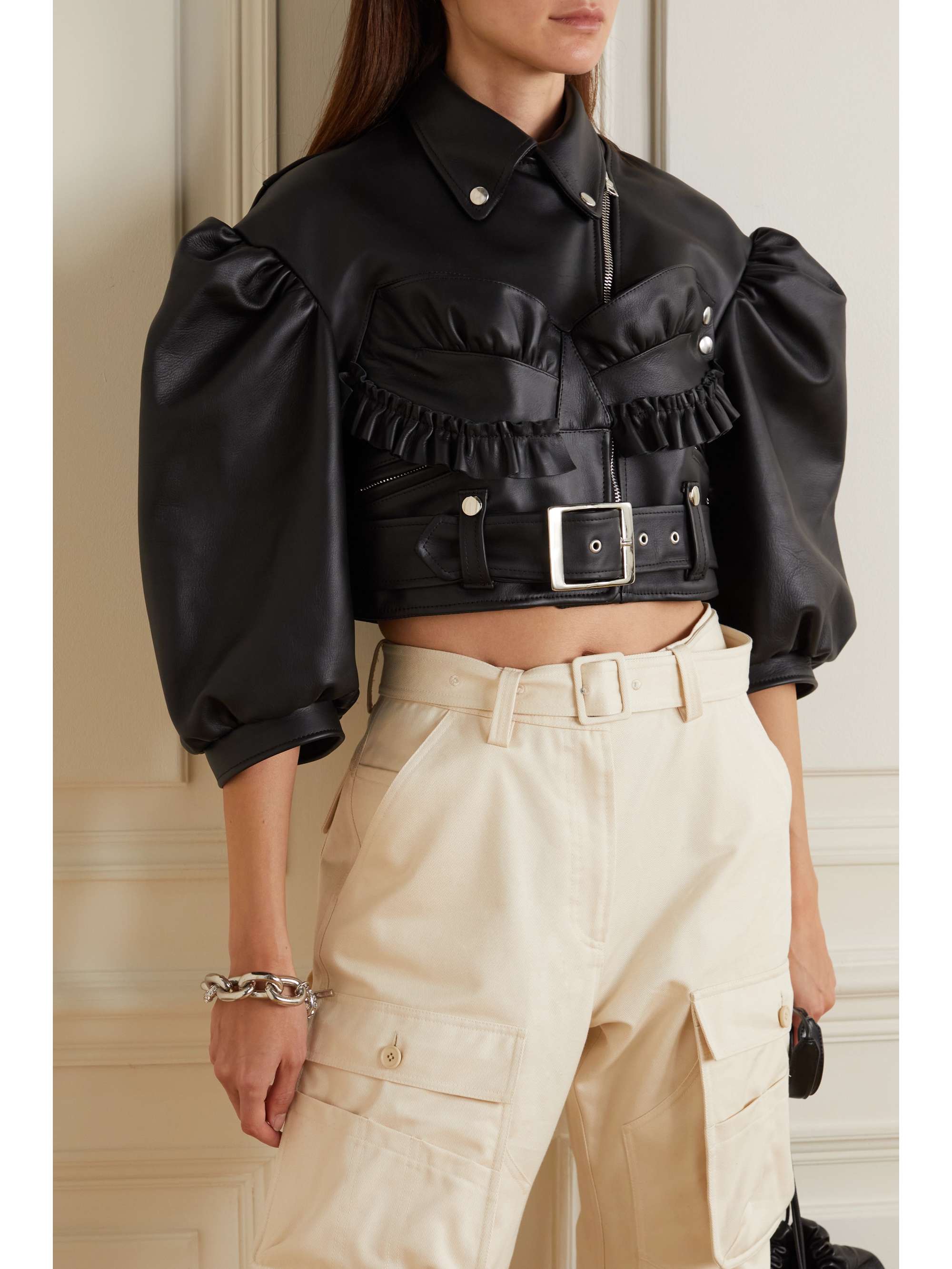 SIMONE ROCHA Cropped ruffled leather biker jacket