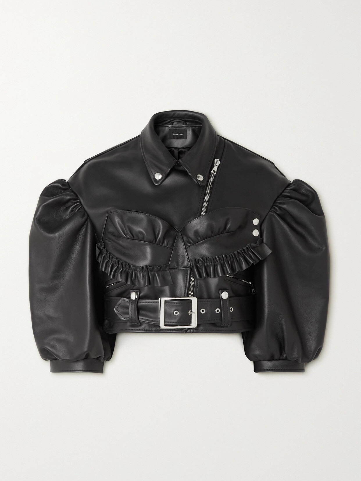 Shop Simone Rocha Cropped Ruffled Leather Biker Jacket In Black