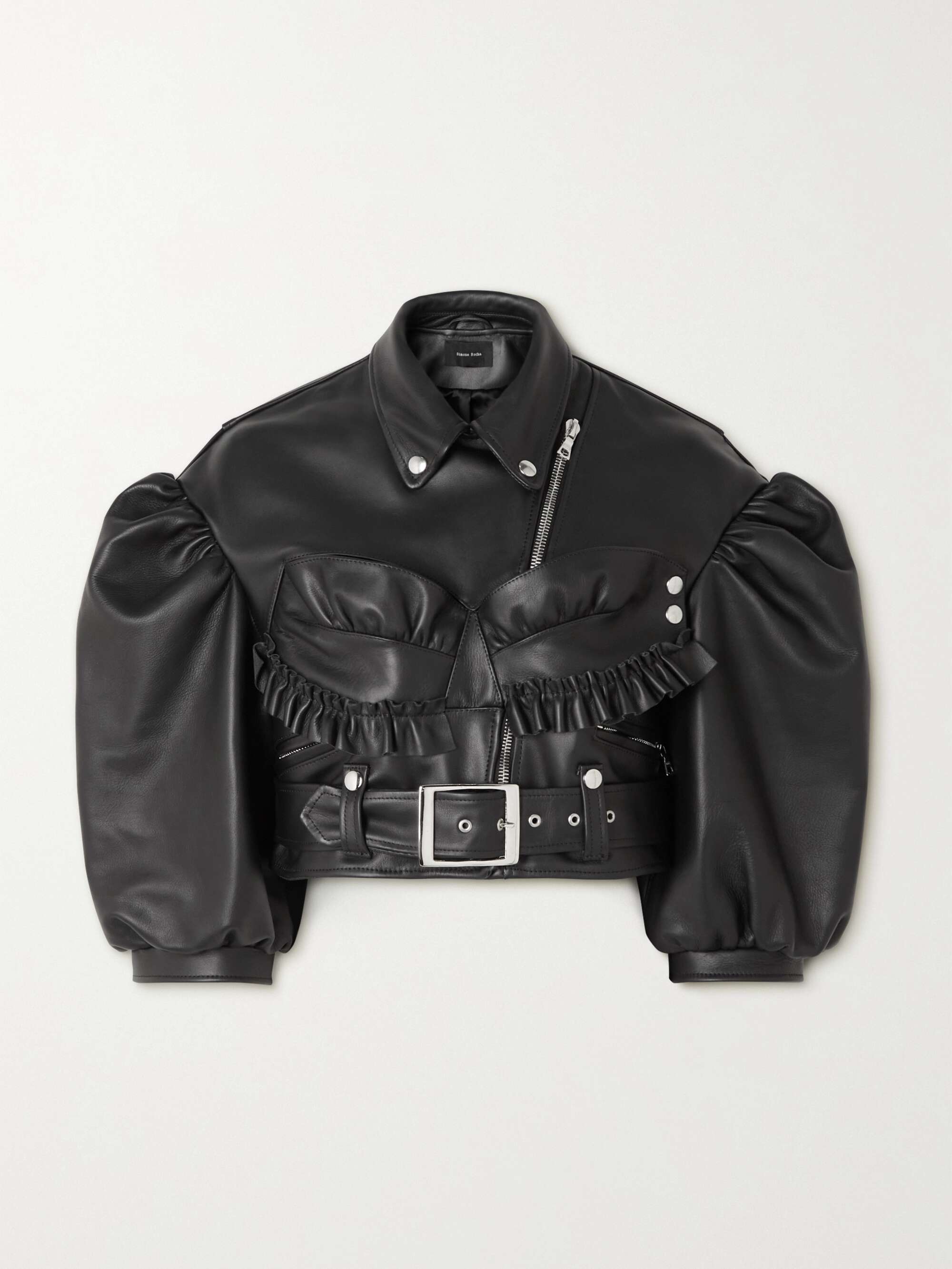 SIMONE ROCHA Cropped ruffled leather biker jacket | NET-A-PORTER