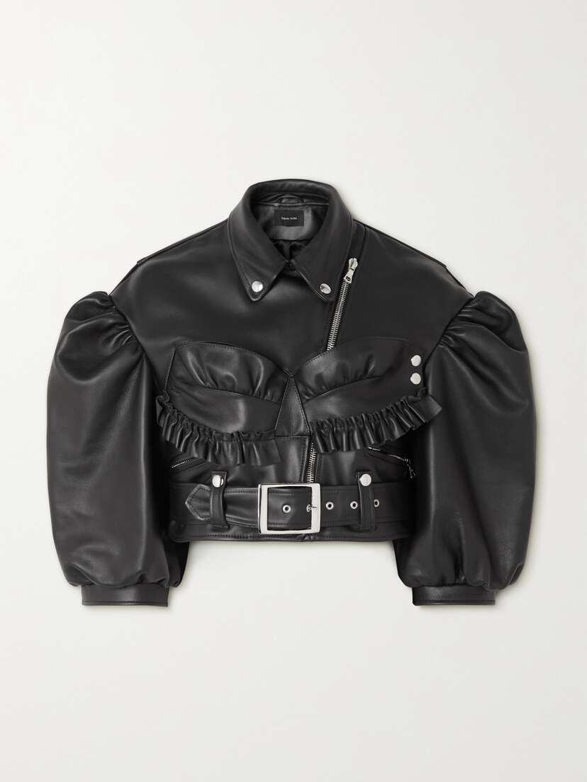 Simone Rocha Cropped Ruffled Leather Biker Jacket - UK 14