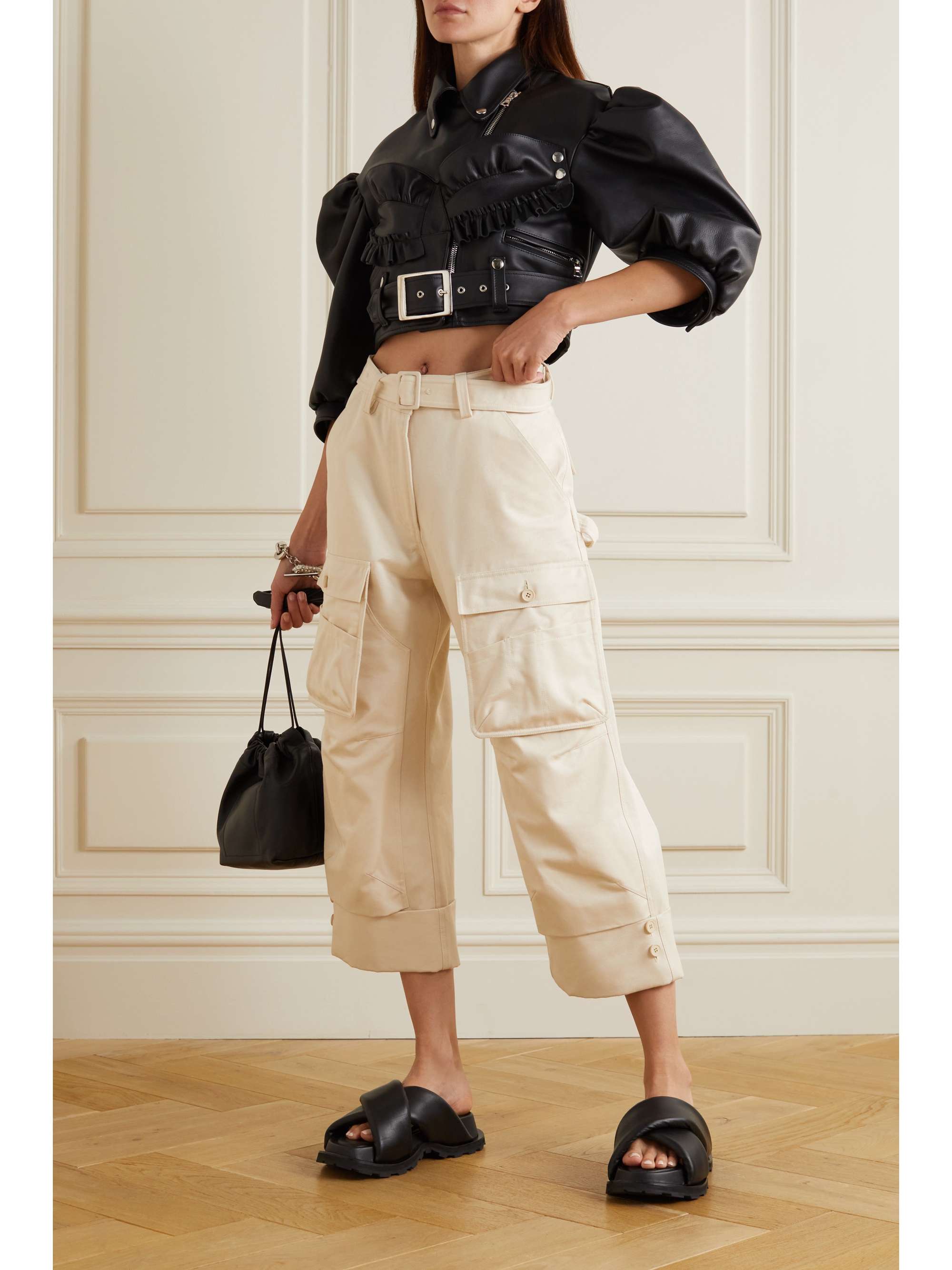 SIMONE ROCHA Cropped ruffled leather biker jacket