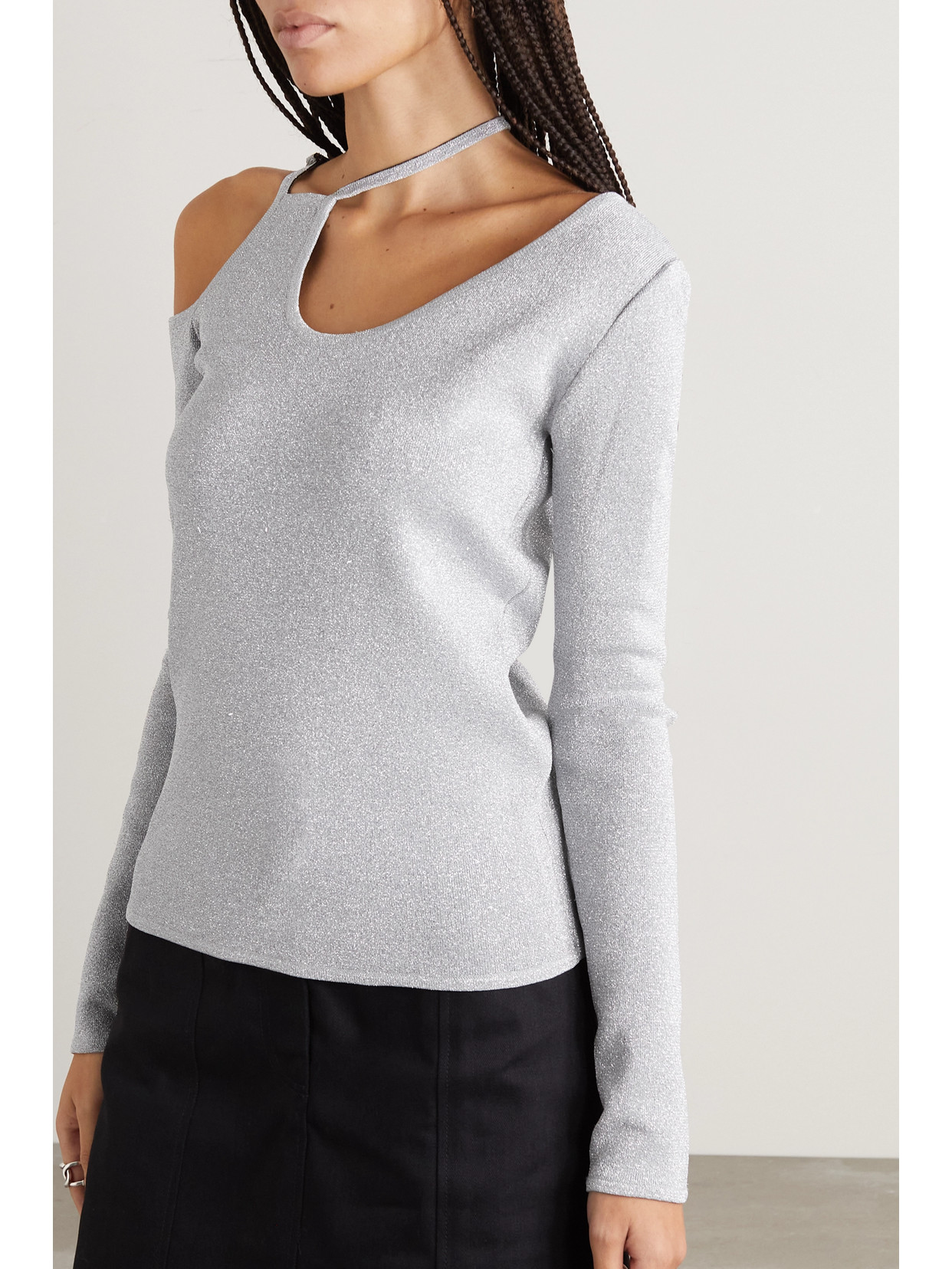 Jw Anderson Cutout Metallic Knitted Top In Silver